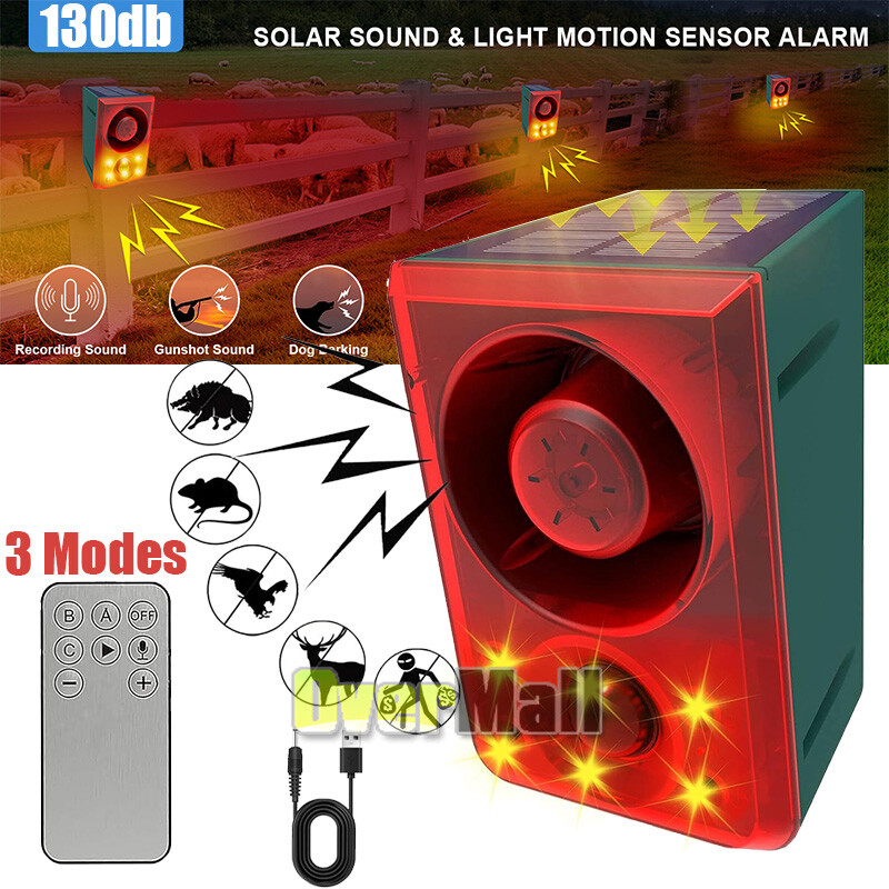 Solar Outdoor Motion Sensor Flash Alarm, Dog Barking & Gunshot Sound 130db Siren