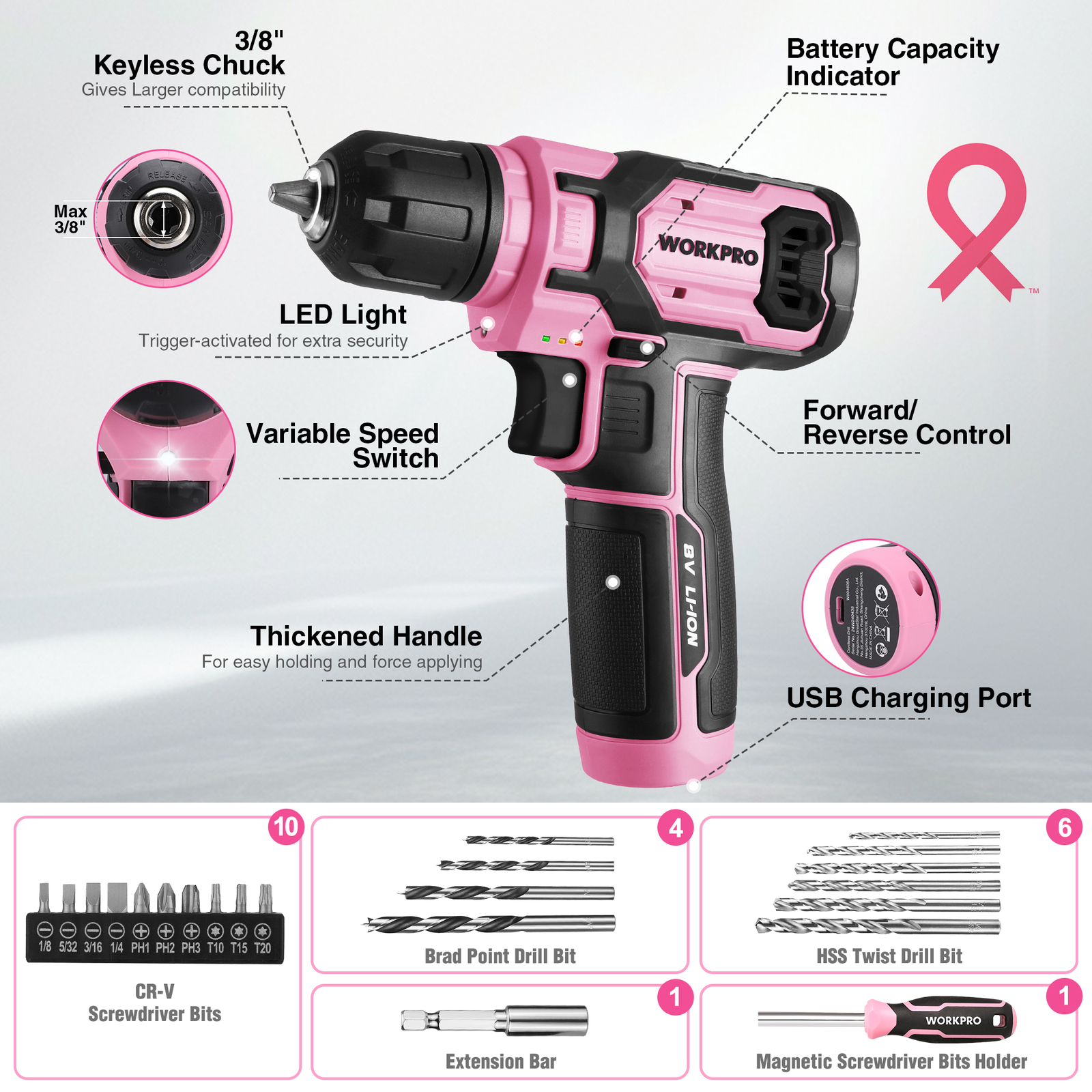 Pink Cordless Drill Driver with Toolbox 43PC wi/8V Lithium-ion Power Drill&Bits