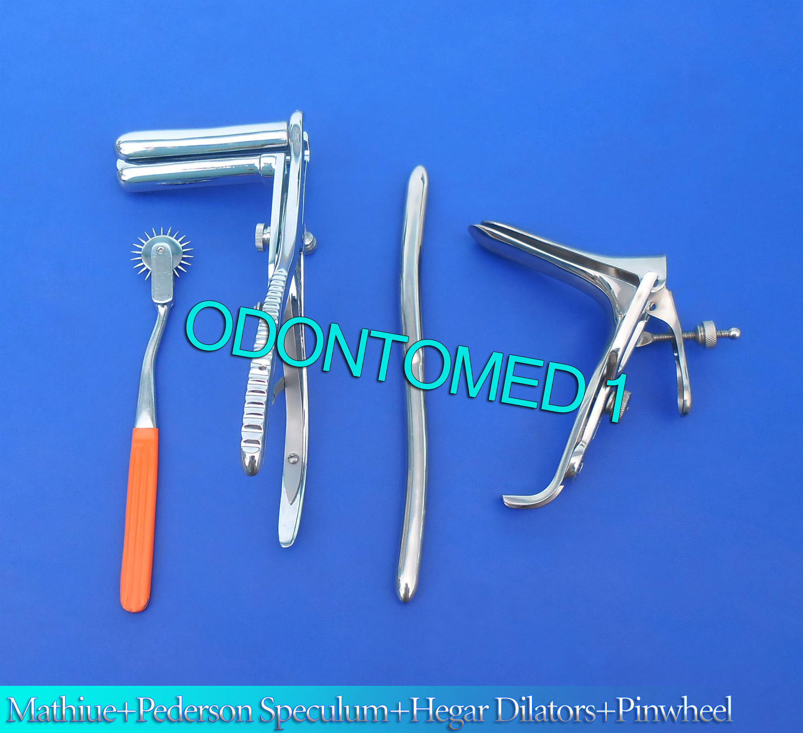 Mathieu Speculum+ Hegar Dilator +Orange Pinwheel & Pederson Speculum Small