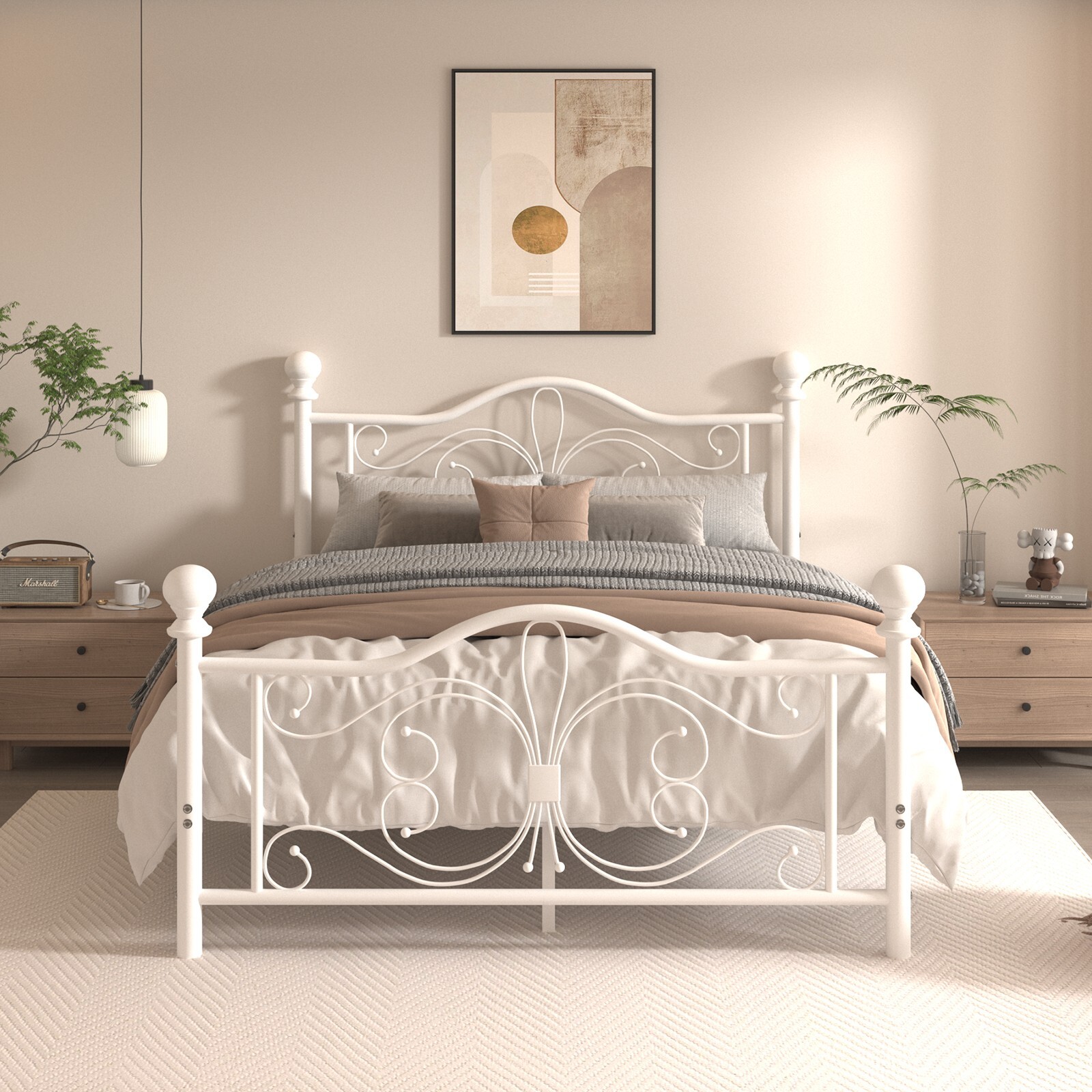 Metal Queen Size Bed Frame with Headboard and Strong Metal Slat Support