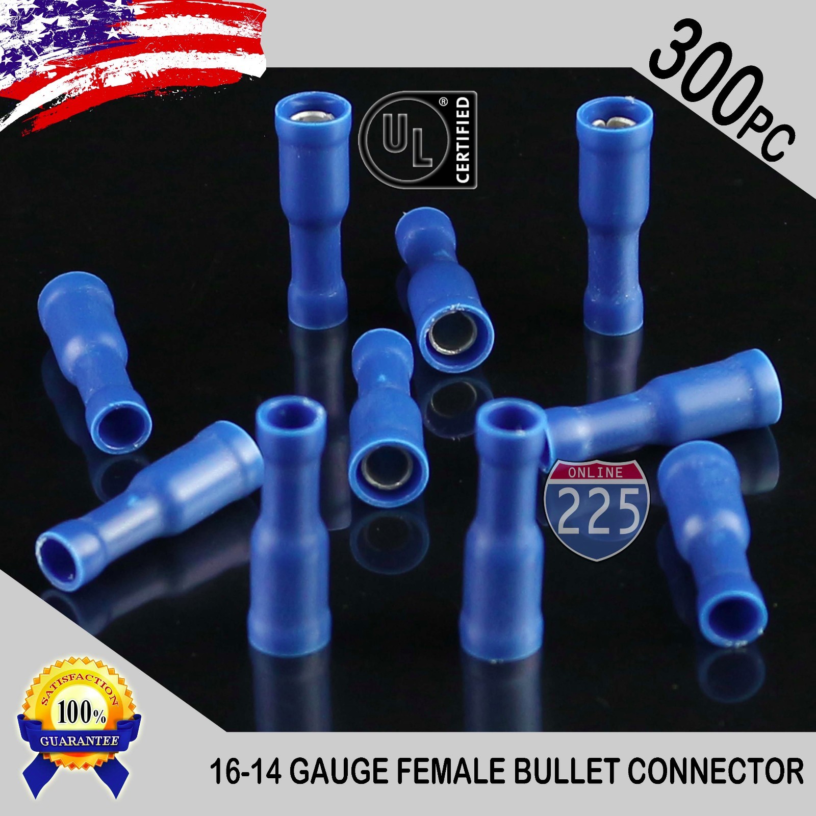 300 Pack 16-14 Gauge Blue Female Bullet Connectors Fully Insulated Vinyl .156"