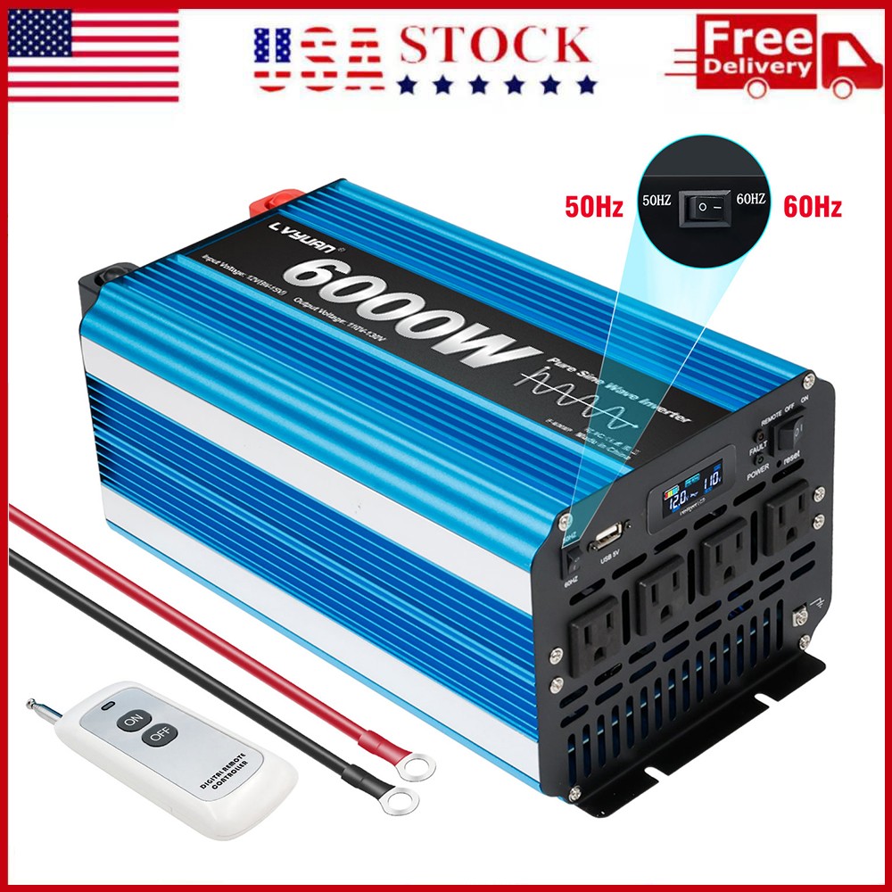 3000W 6000W Pure Sine Wave Power Inverter DC 12V to AC110V Converter LCD 4AC USB