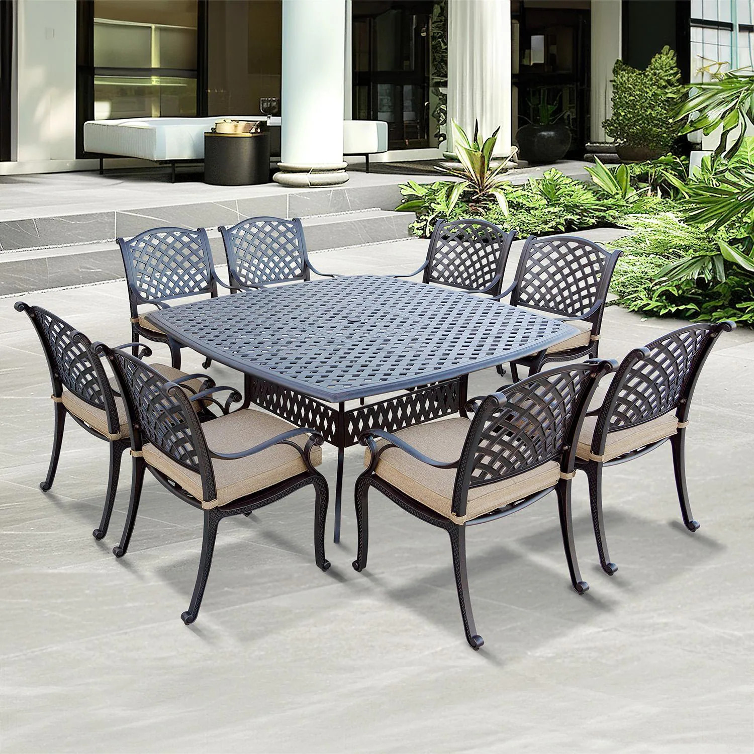 Nassau 9 Pc Cast Aluminum Dining Set 64 Inch Square Series 30 Table in Antique