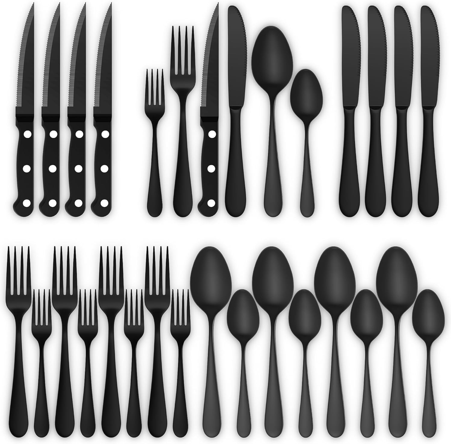 24-Piece Black Silverware Set with Steak Knives Forks and Spoons Silverware Sets