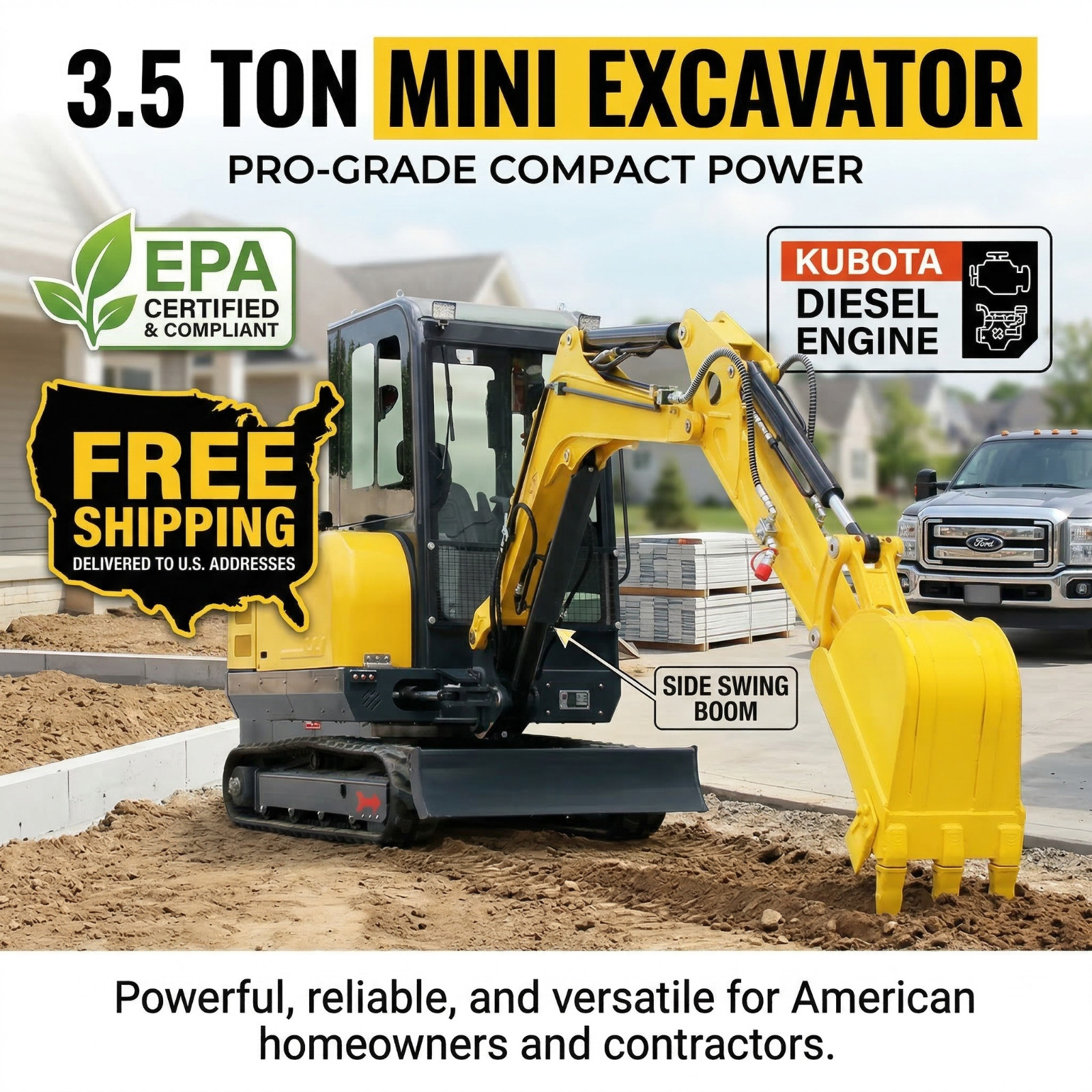 3.5 Ton Mini Excavator 25HP Kubota Engine V1505 Hydraulic Thumb Free Shipping