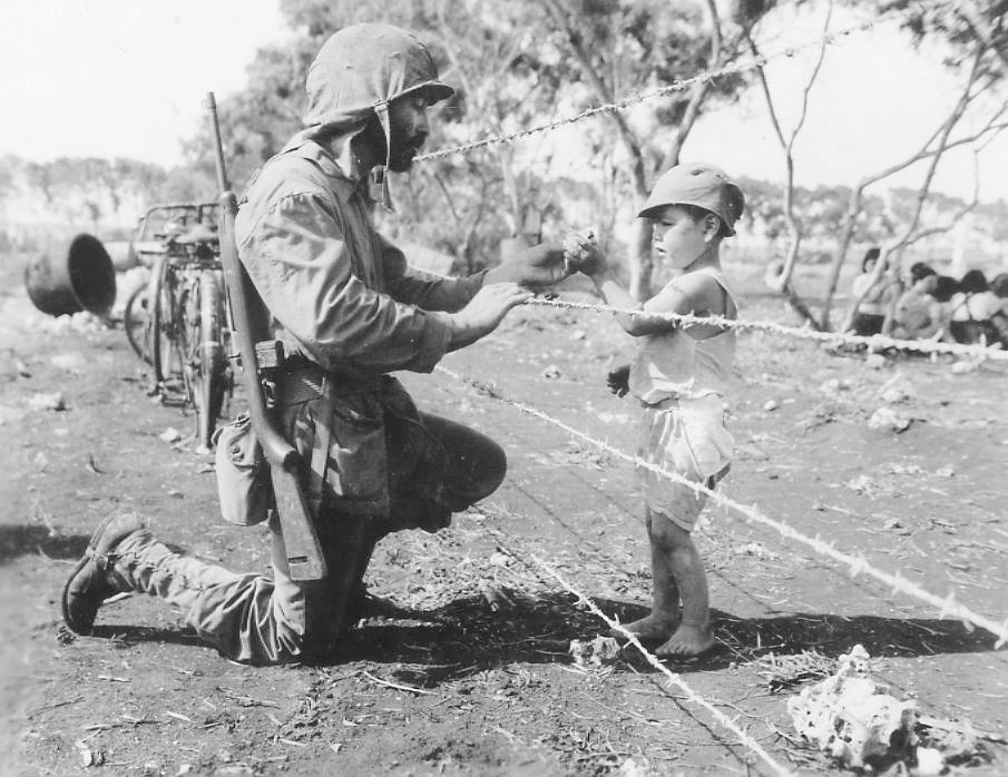 WWII B&W Photo US Soldier with Japanese Child Saipan 1944  WW2  World War / 1163