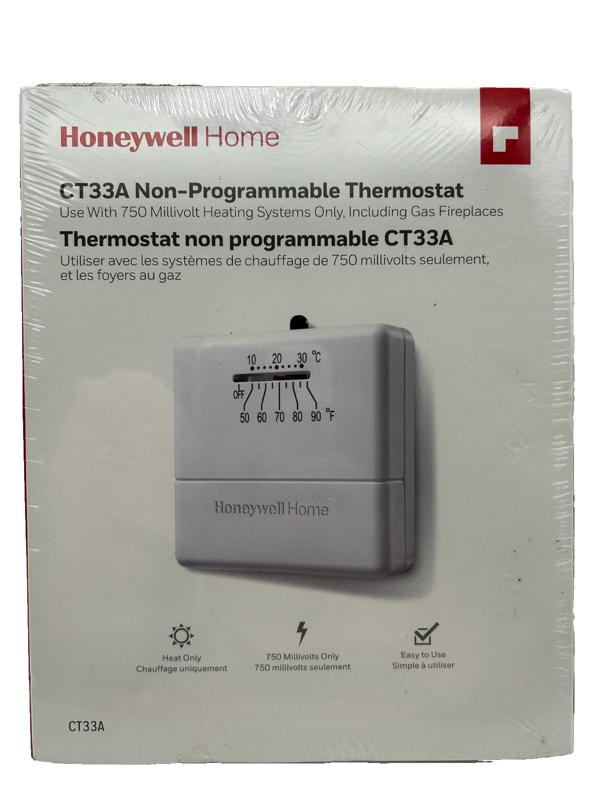 New Honeywell CT33A1009E1 Plastic White 24V Economy Millivolt Square Thermostat