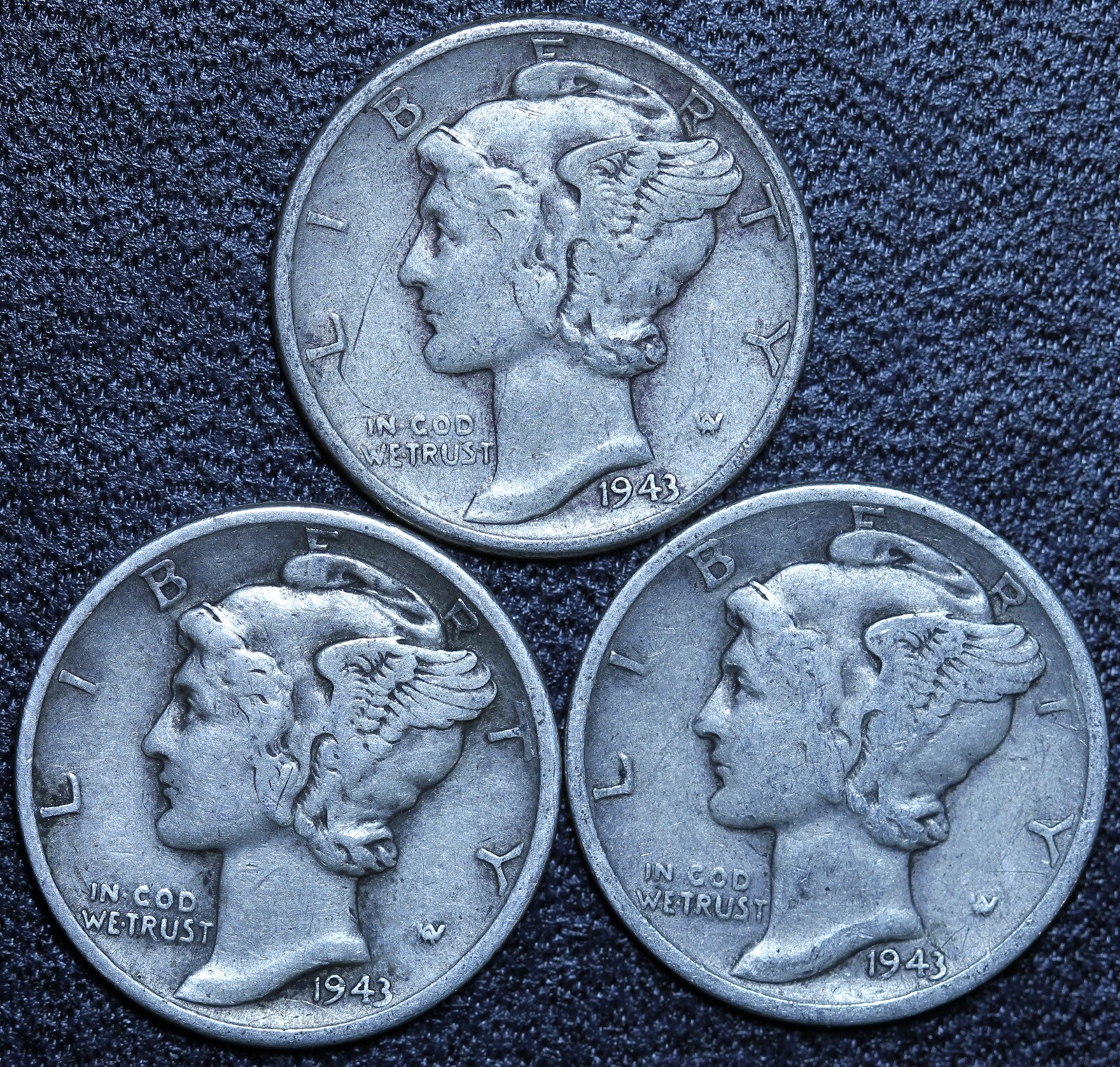 1943 P D S (3 PIECE LOT) Mercury Silver Dimes CIRCULATED GOOD / VG FREE SHIPPING