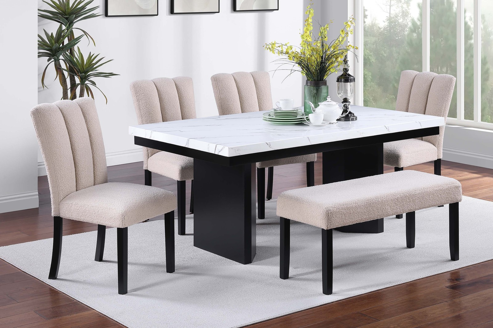Classic Two-Tone Design White Faux Marble Top Dining Table 4x Side Chairs Benc