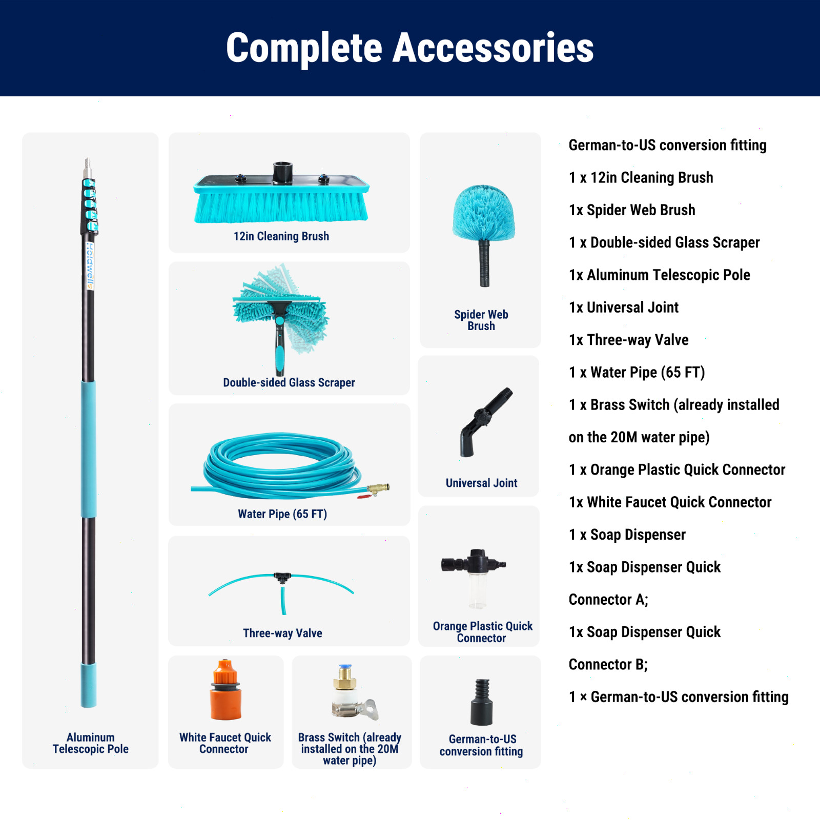 24FT Water Fed Pole Cleaning Kit with Extendable Pole, 180° Rotatable Head