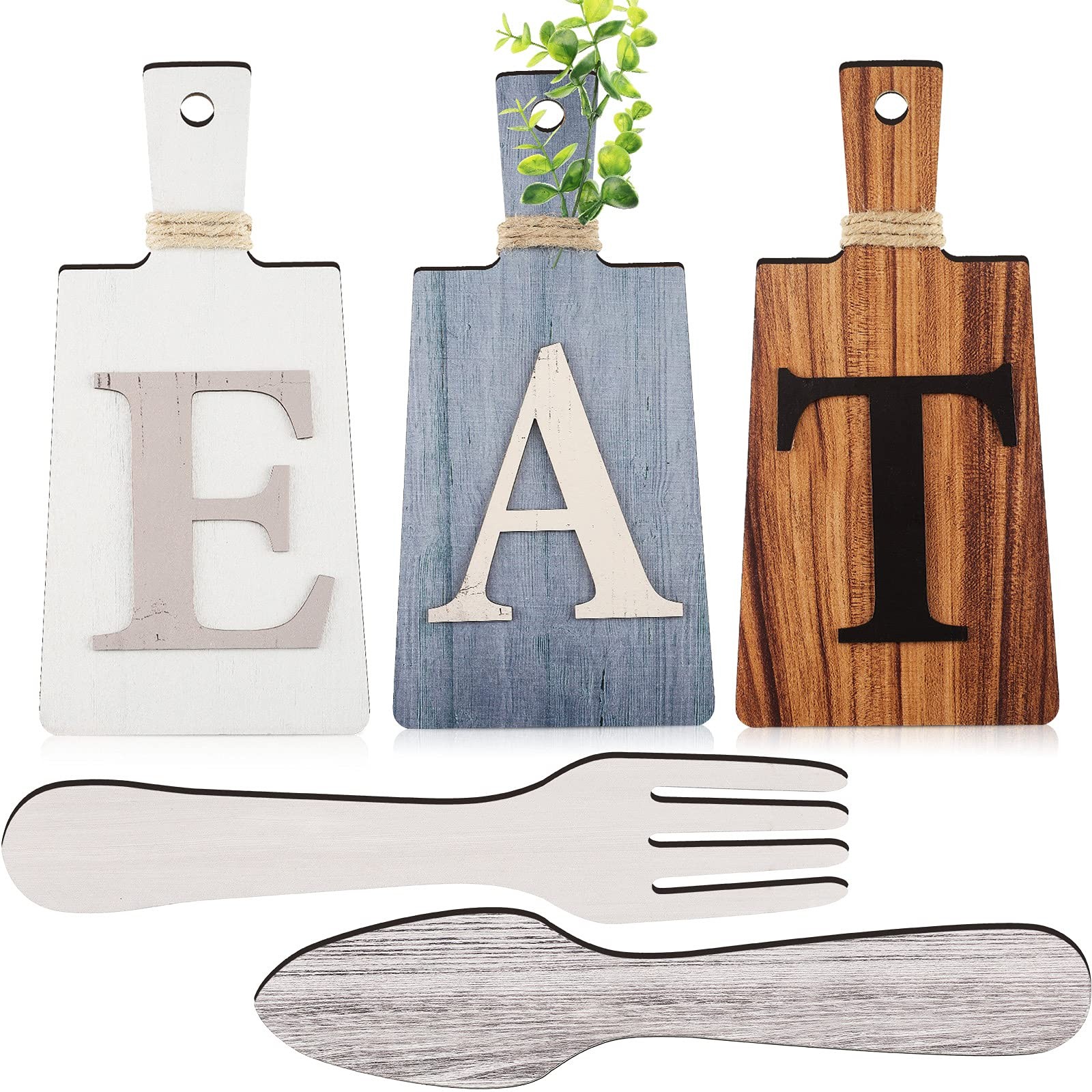 Jetec Cutting Board Eat Sign Set Hanging Art Kitchen Eat Sign Farmhouse Fork and
