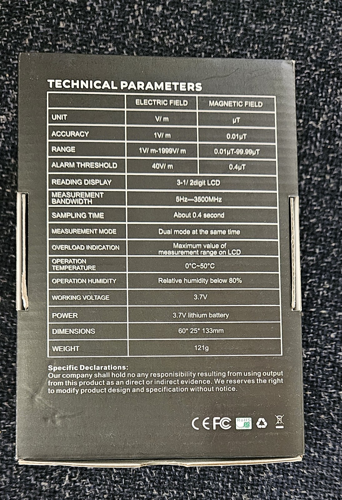 ERICKHILL RT-100 EMF Meter Single Axis 1V/m-1999V/m Electromagnetic Tester