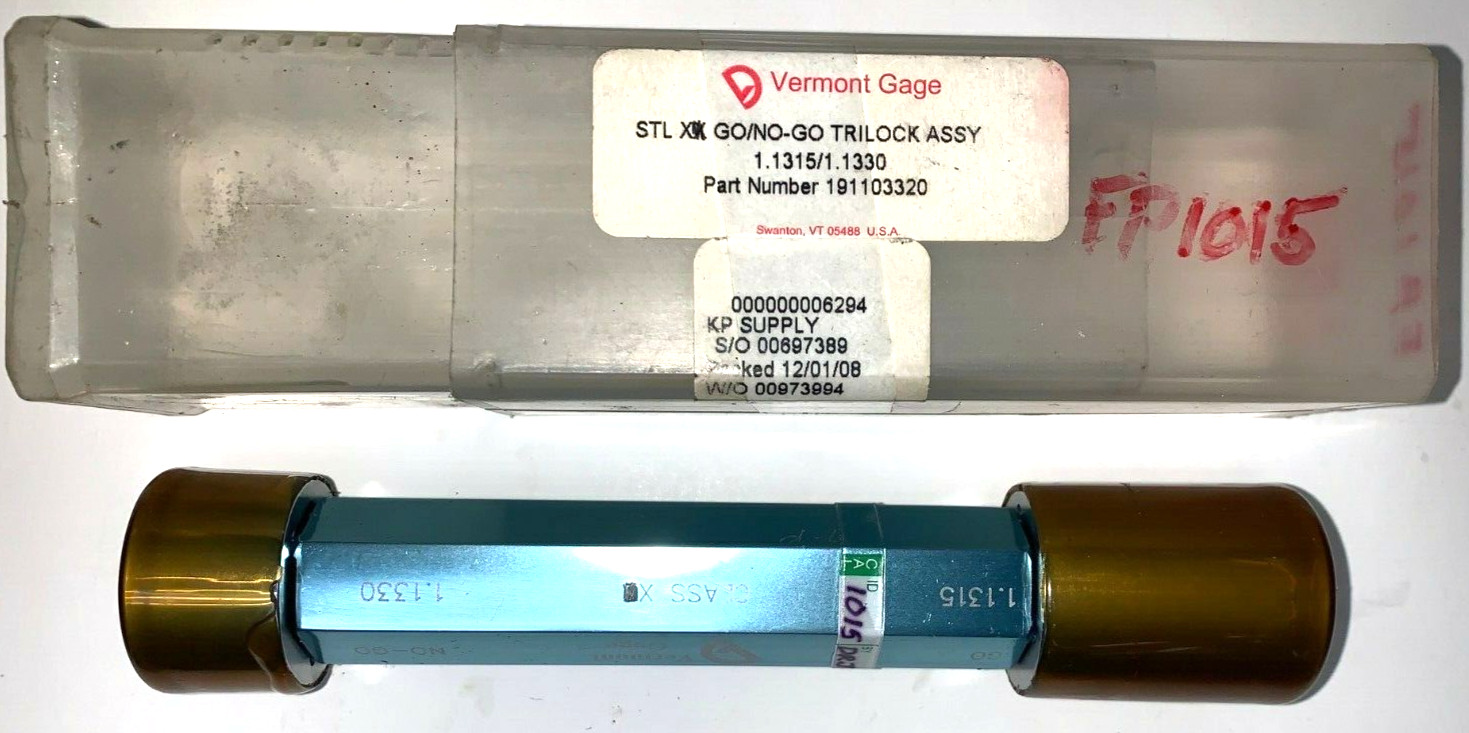 VERMONT GAGE GO/NO-GO TRILOCK ASSY 191103320 1.1315" X 1.1330" END 3-15/16" BODY