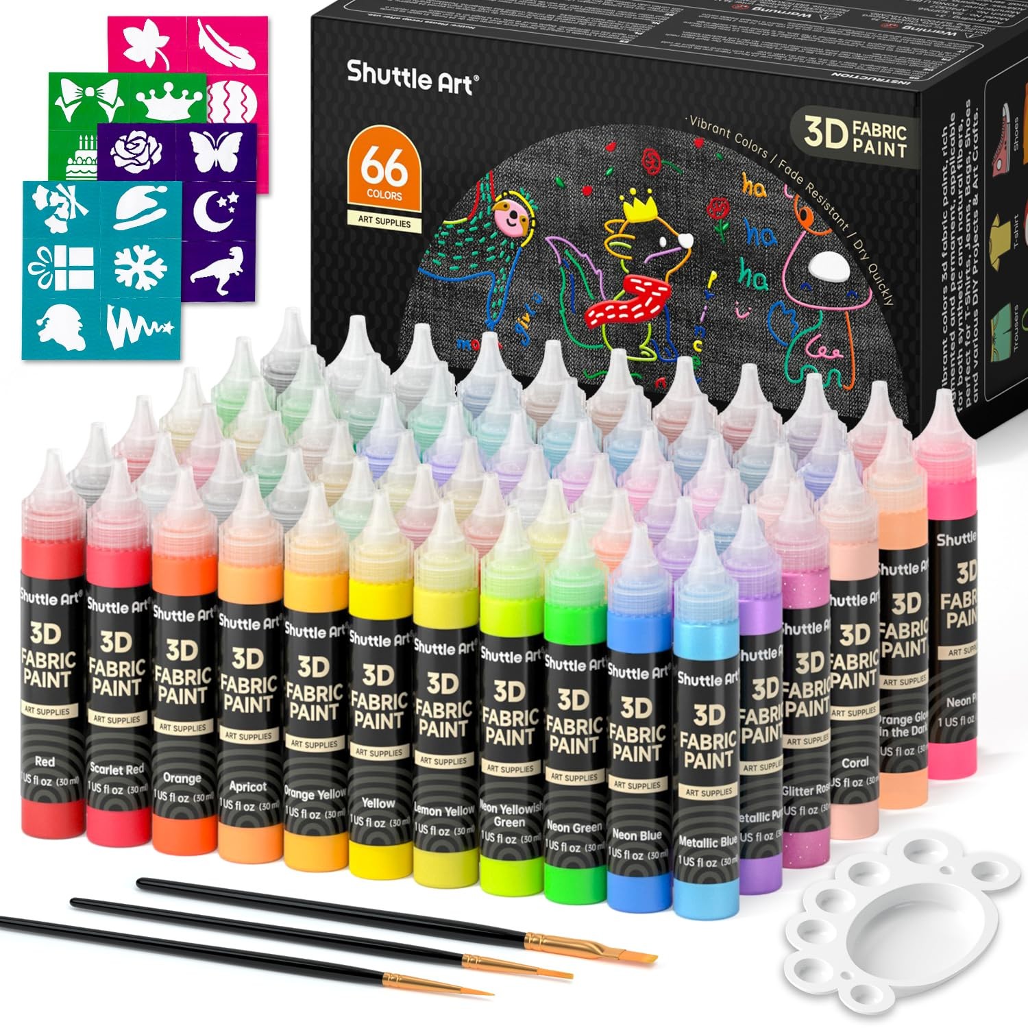 66 Colors Fabric Paint, Shuttle Art 3D 1 Fl Oz (Pack of 66), 66
