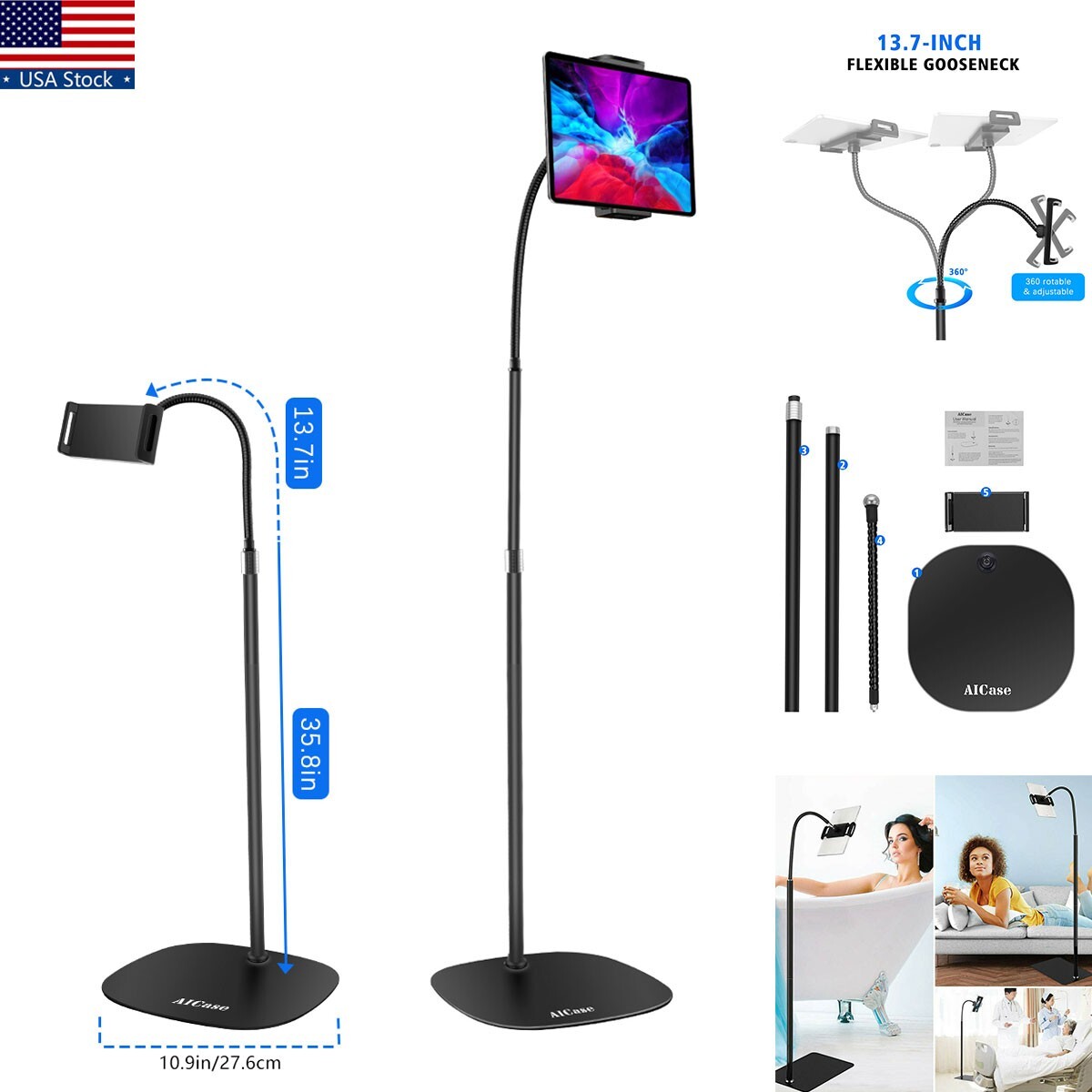 Adjustable Gooseneck Floor Stand Samsung Tab iPad Pro iPhone 16 15 Pro Max Mount