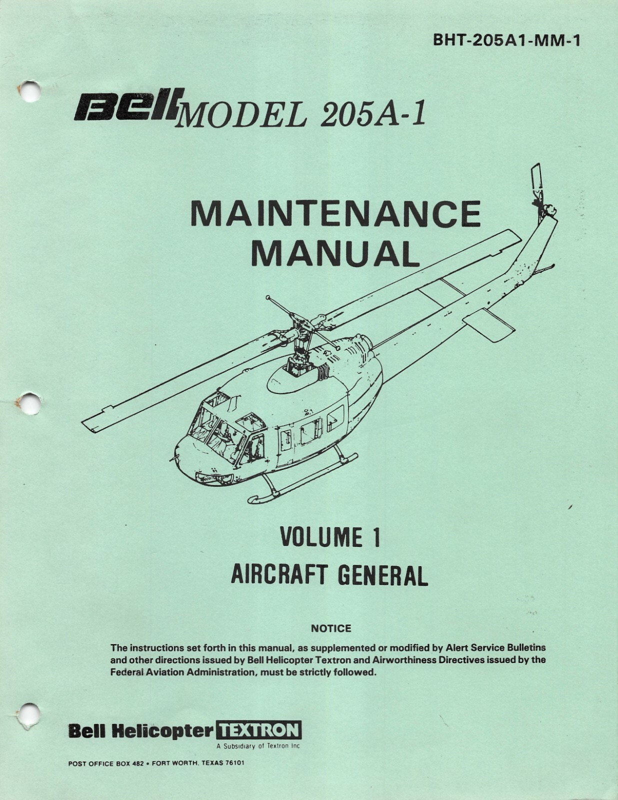 Bell 205A "Huey" 1996 Helicopter Maintenance Manual Vol. 1 Flight Manual -CD