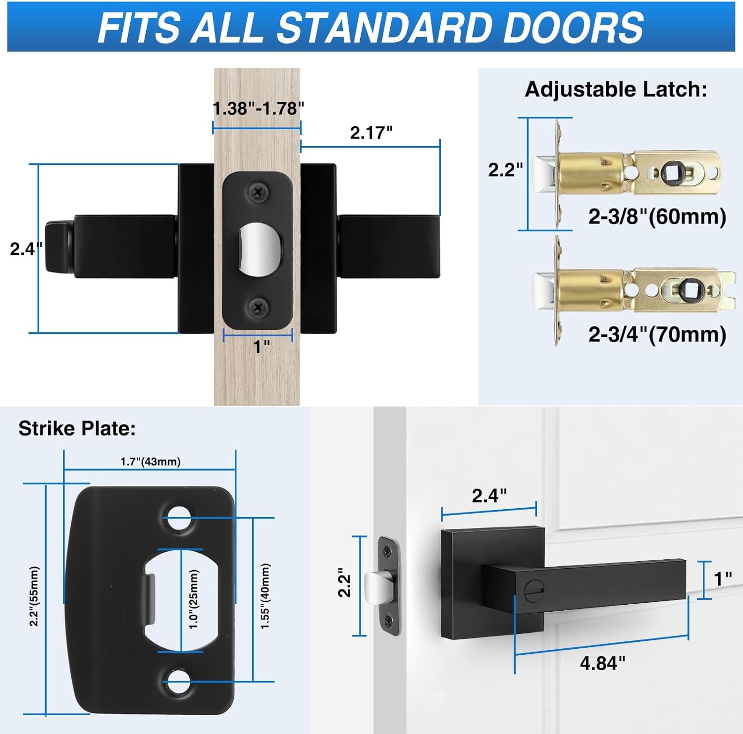 6 Pack Matte Black Door Handles, Keyless Interior Door Knobs