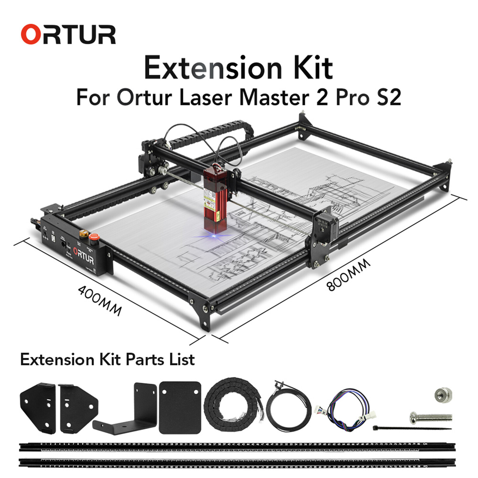 ORTUR Y-axis Area Extension Kit for Laser Master 2 PRO S2 Engraver 400mm*800mm