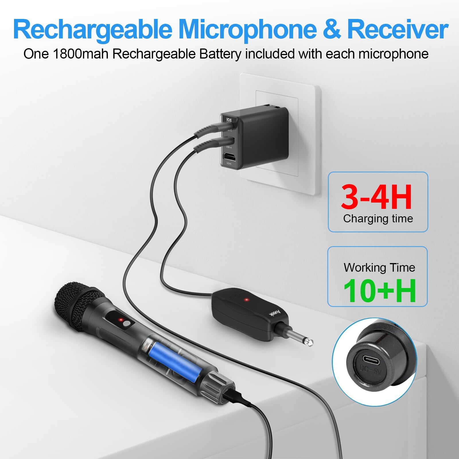 Wireless Microphone Karaoke Handheld Microphonewith Rechargeable Receiverfor ...