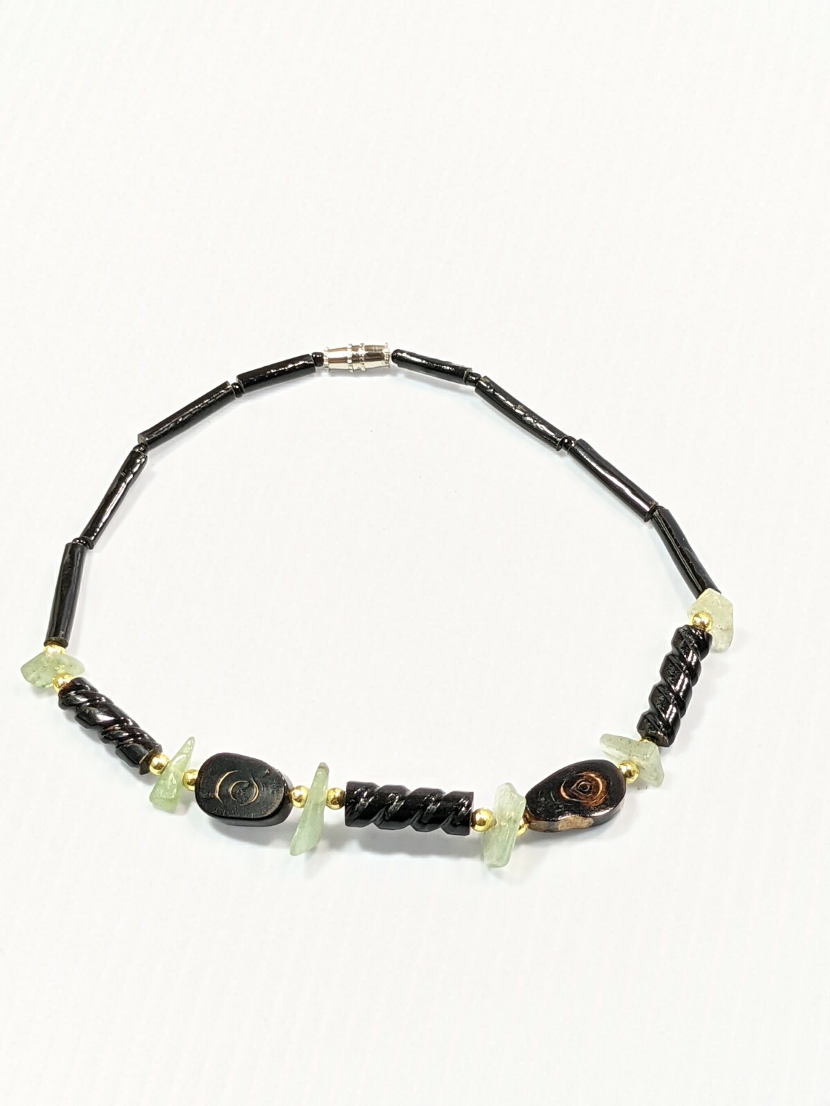 Artisan Green Nephrite Chip Black Twist Bar Bead Ankle Bracelet Anklet 10 Inches