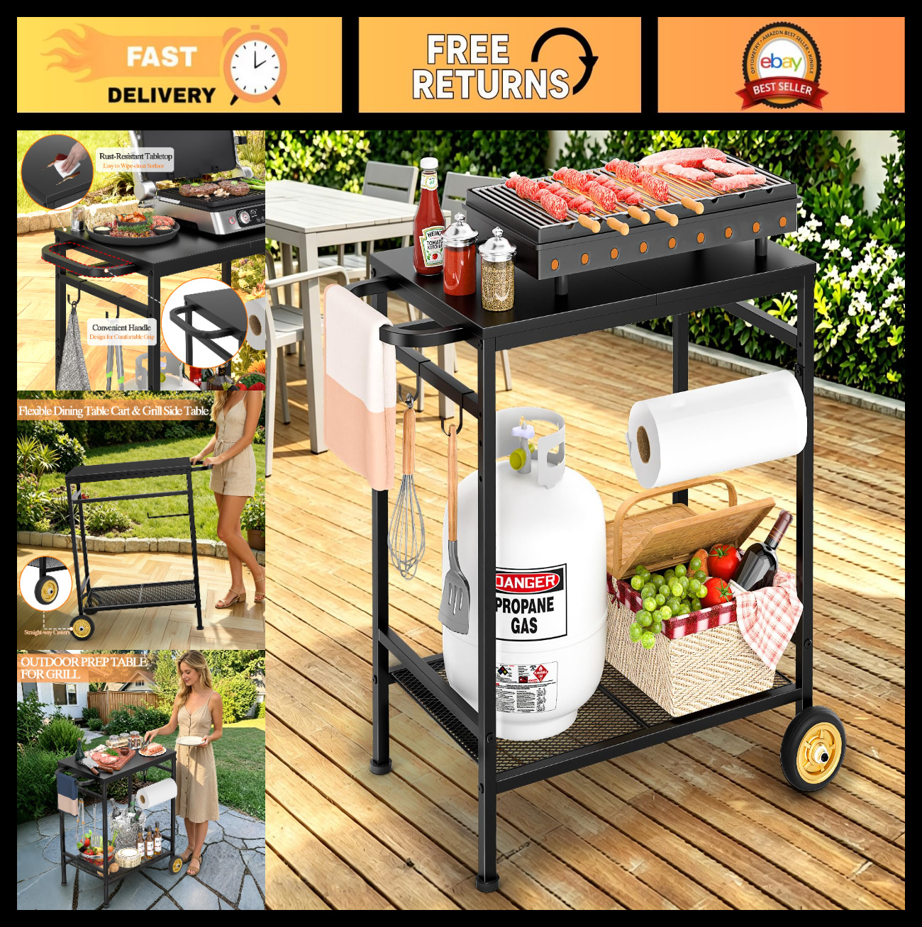 2-Tier Outdoor Grill Table with Wheels, Movable BBQ Prep Station, Rust-Resistant