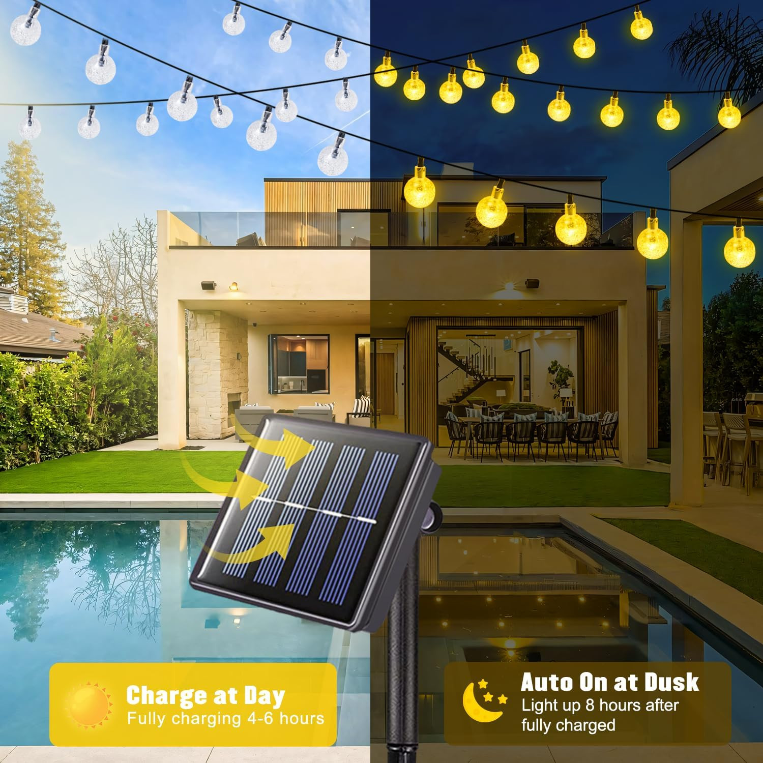 2 Pack Solar String Lights Outdoor, 60 LED, Crystal Globe | Outdoor Waterproof,