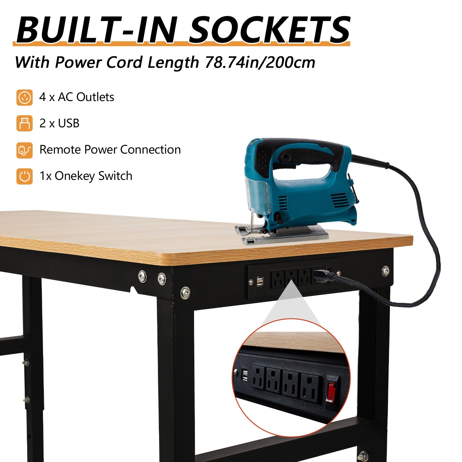 48''/60'' Adjustable Heigh Workbench with Power Outlet Hardwood Work Table