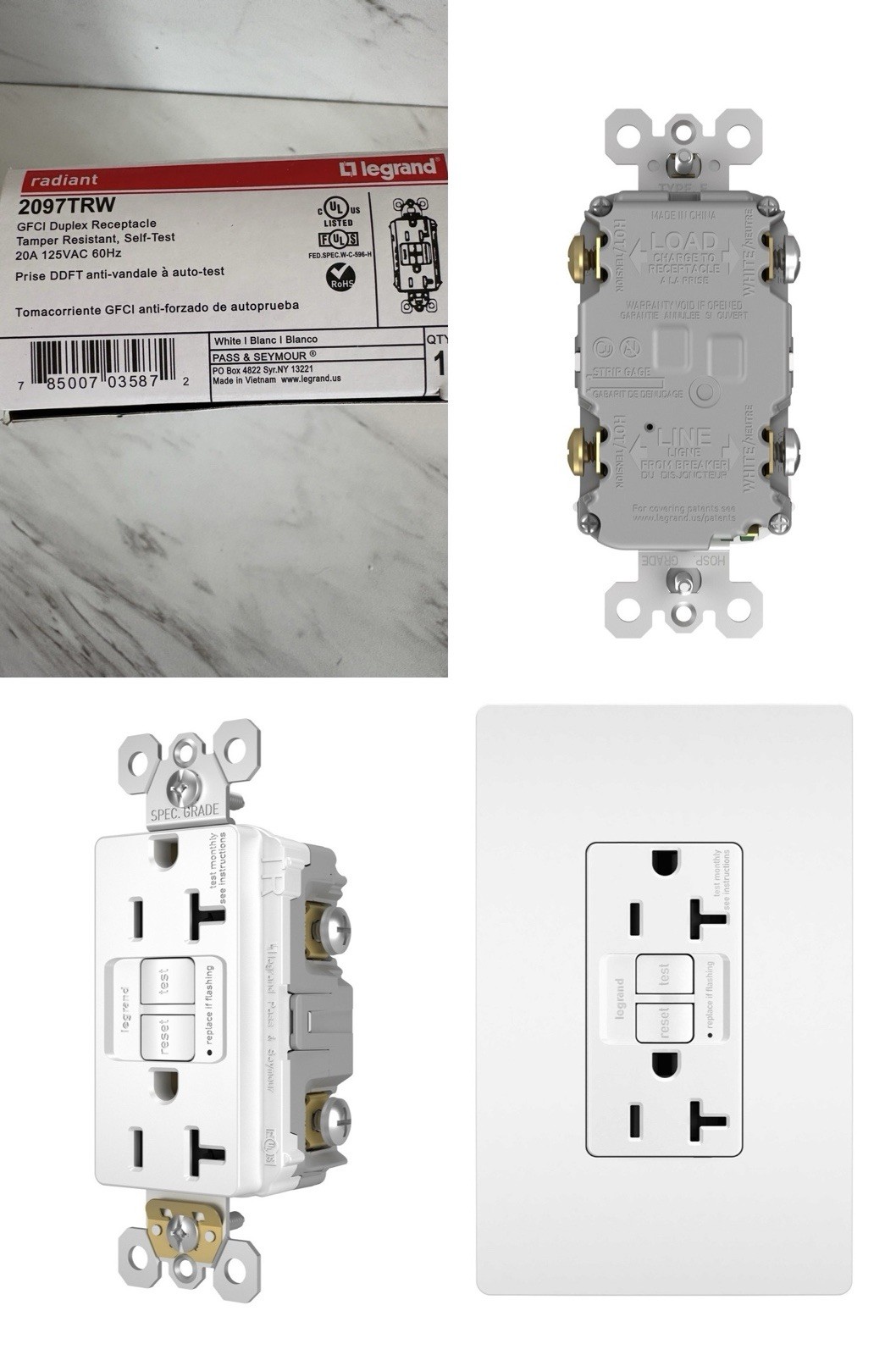 Legrand 2097TRW 20A Duplex Self‑Test GFCI Outlet & Plate — 10‑Pack Radiant White