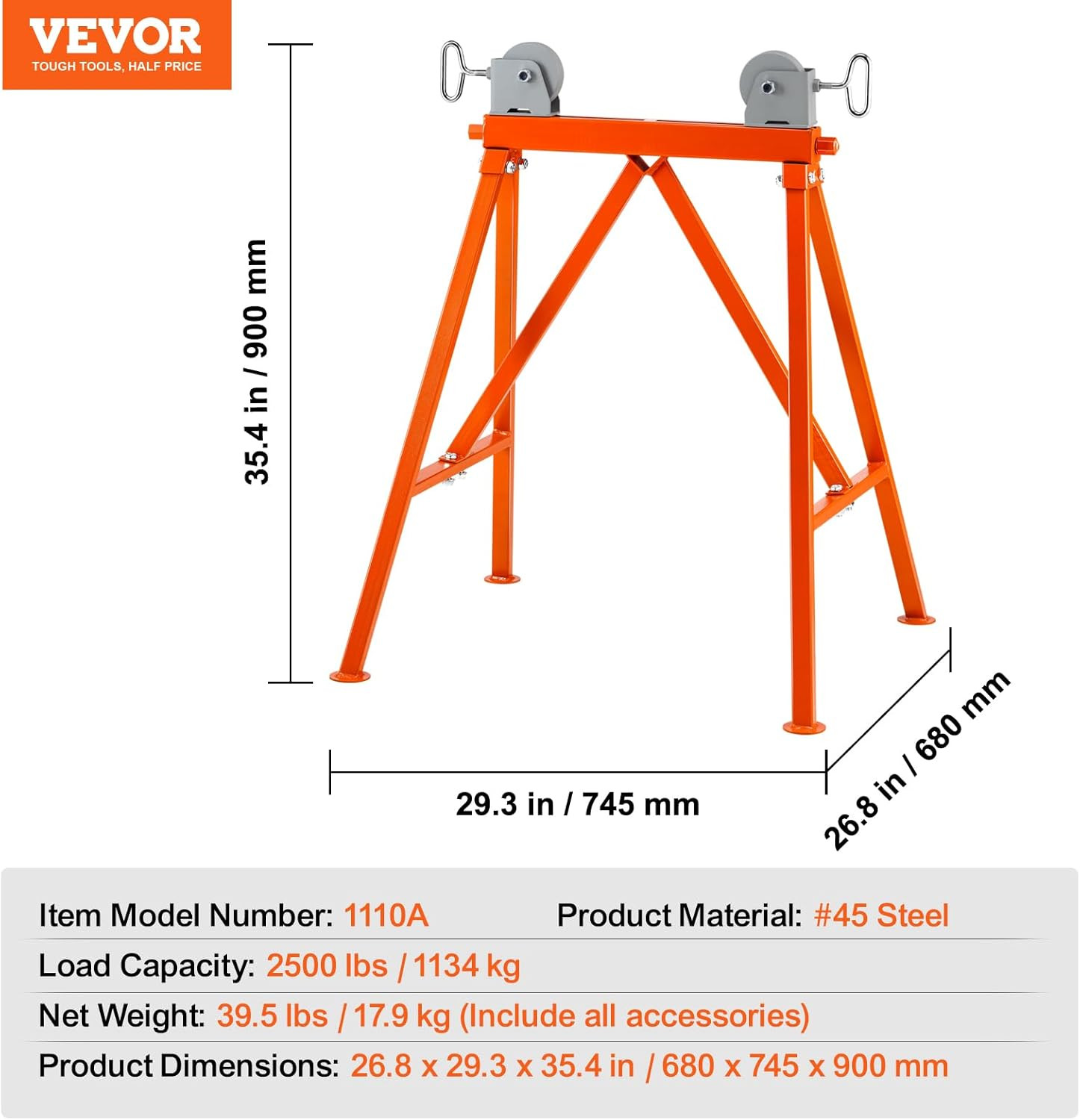 Pipe Stand with Roller Head, Heavy Duty 2500 LBS Load Capacity, Suitable for 2-3
