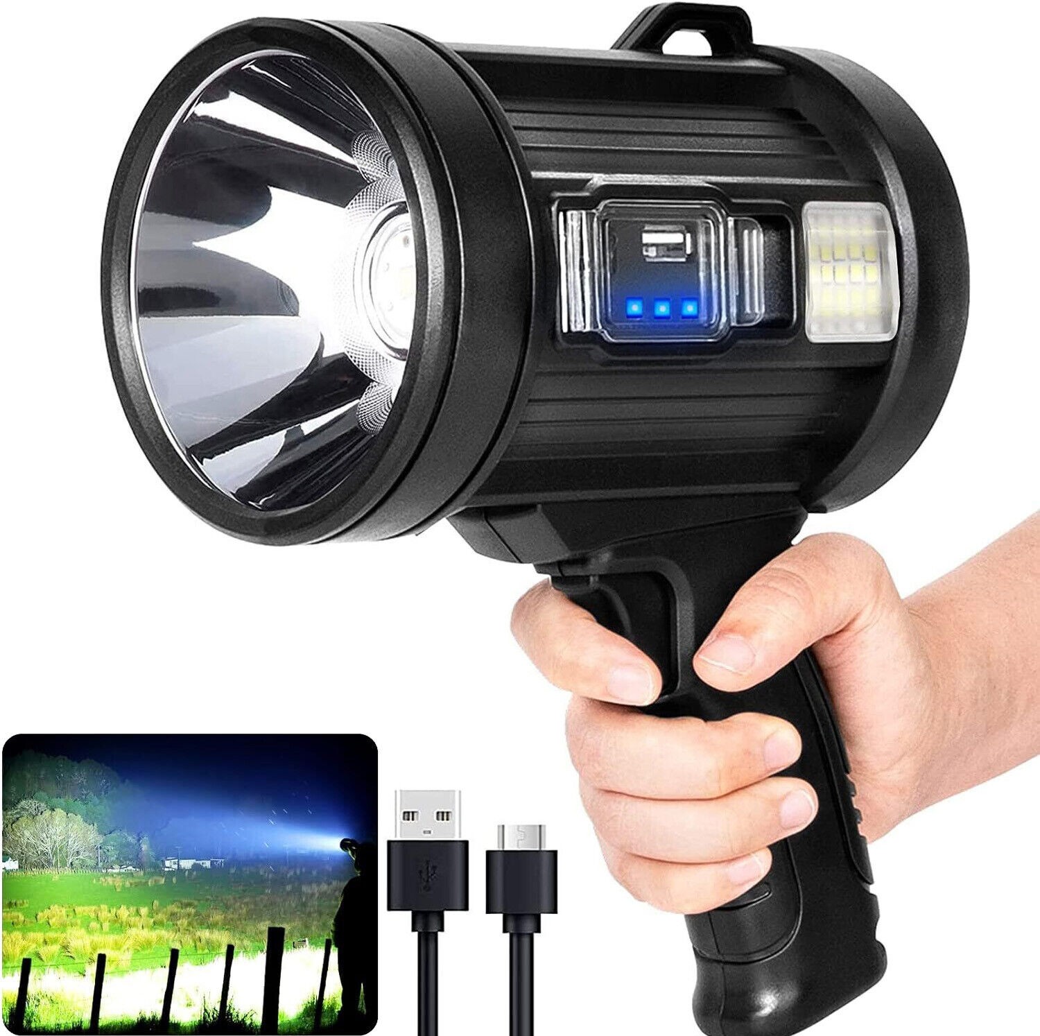 LED Flashlight 200000Lm Super Bright Searchlight Rechargeable Spotlight Handheld