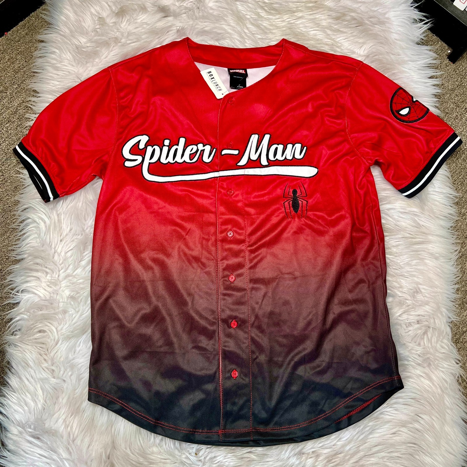MARVEL SPIDER-MAN OMBRE BASEBALL JERSEY BOXLUNCH SPIDERMAN SHIRT