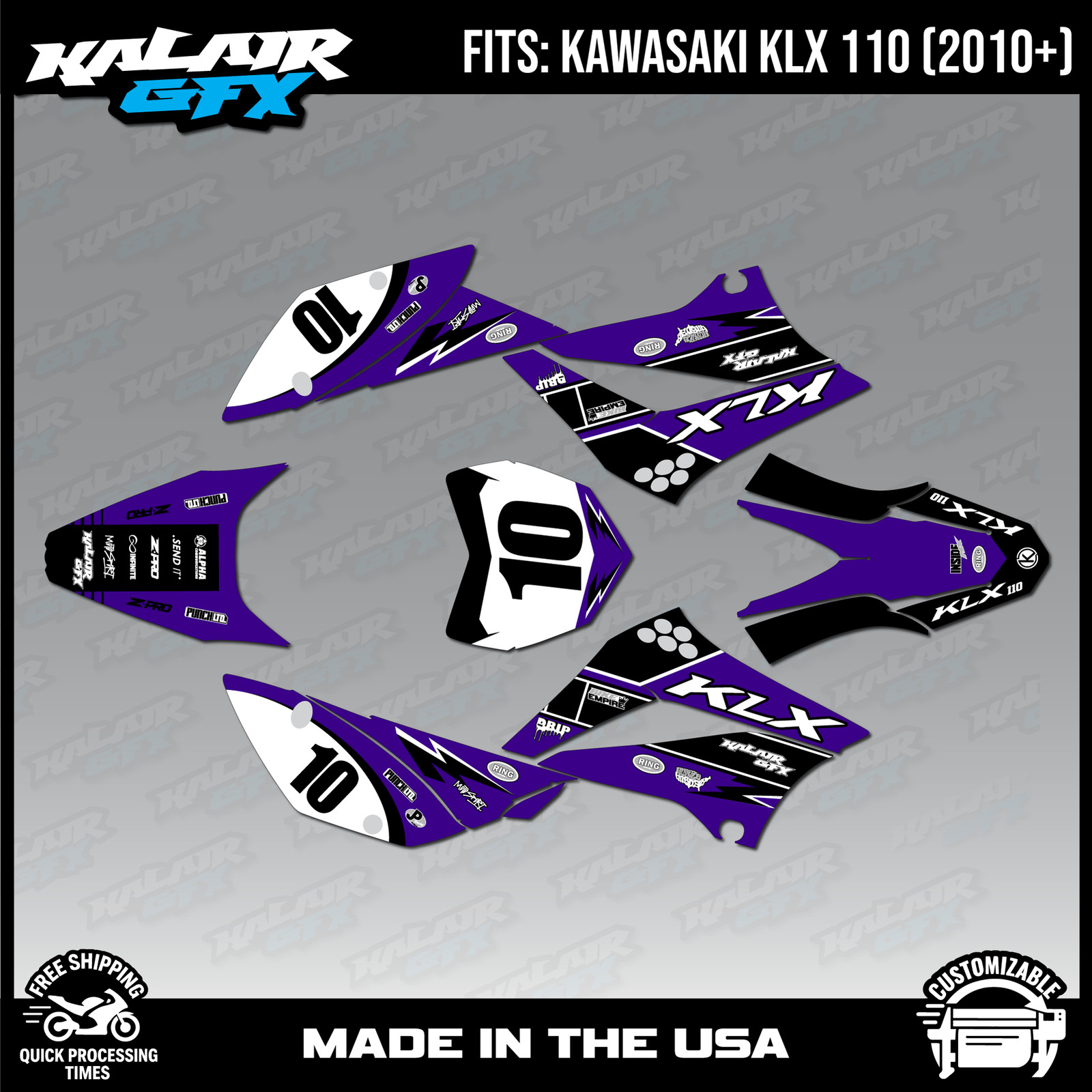 Graphics Kit for Kawasaki  KLX110, KLX110R, KXL110RL (2010-2024) Speed-Purple