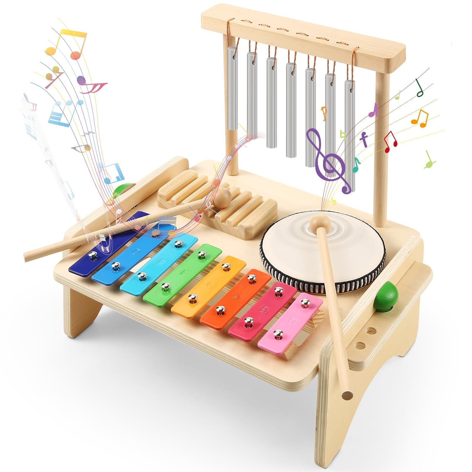 Baby Musical Instrument for Toddler Wooden Xylophone with Baby Drum Set