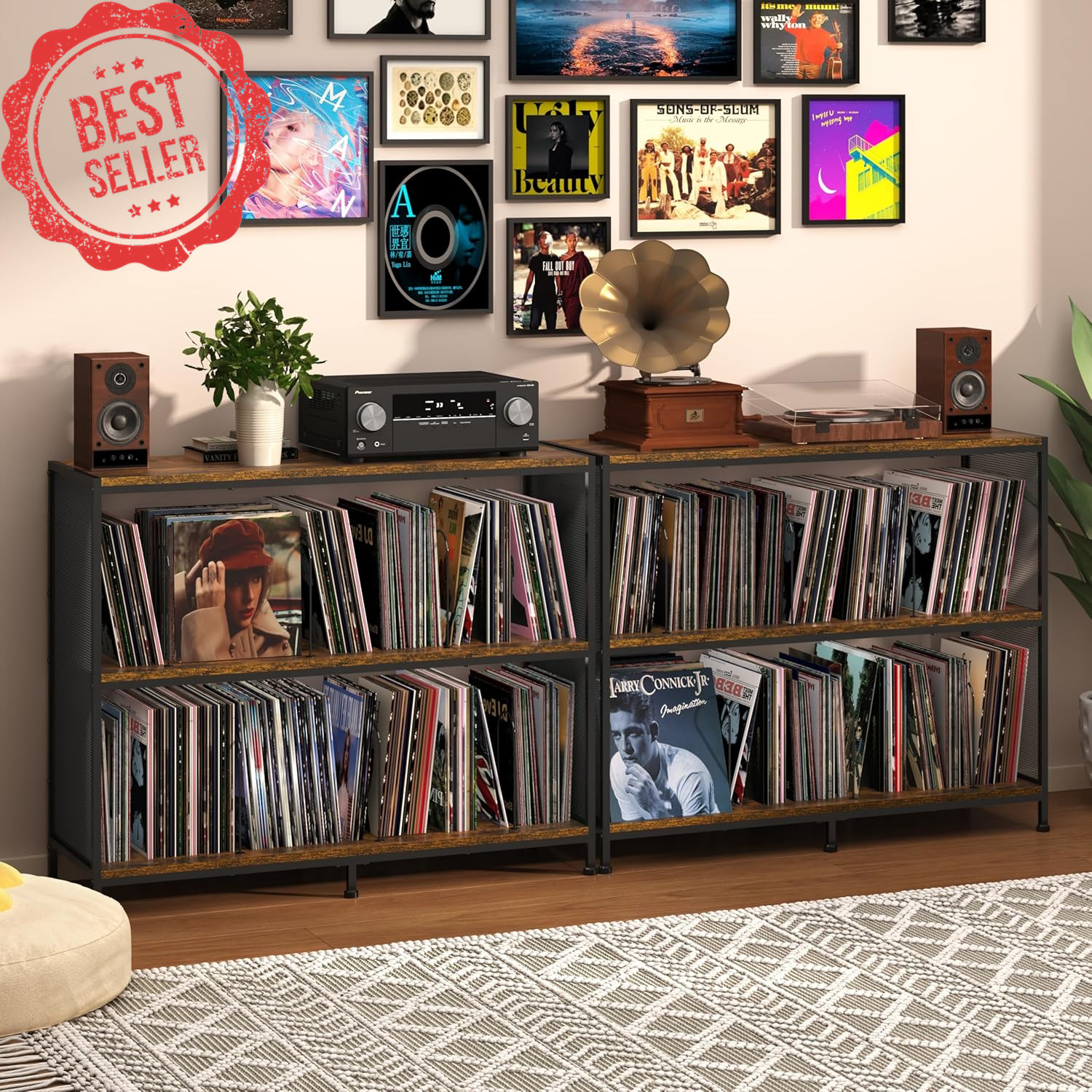 3-Tier Vinyl Record Storage Stand Holds 450 w/Turntable Table&Adjustable Divider