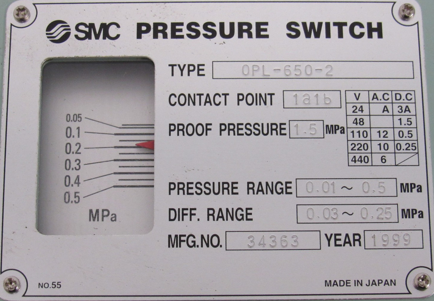 NEW SMC 0PL-650-2 PRESSURE SWITCH 0PL6502