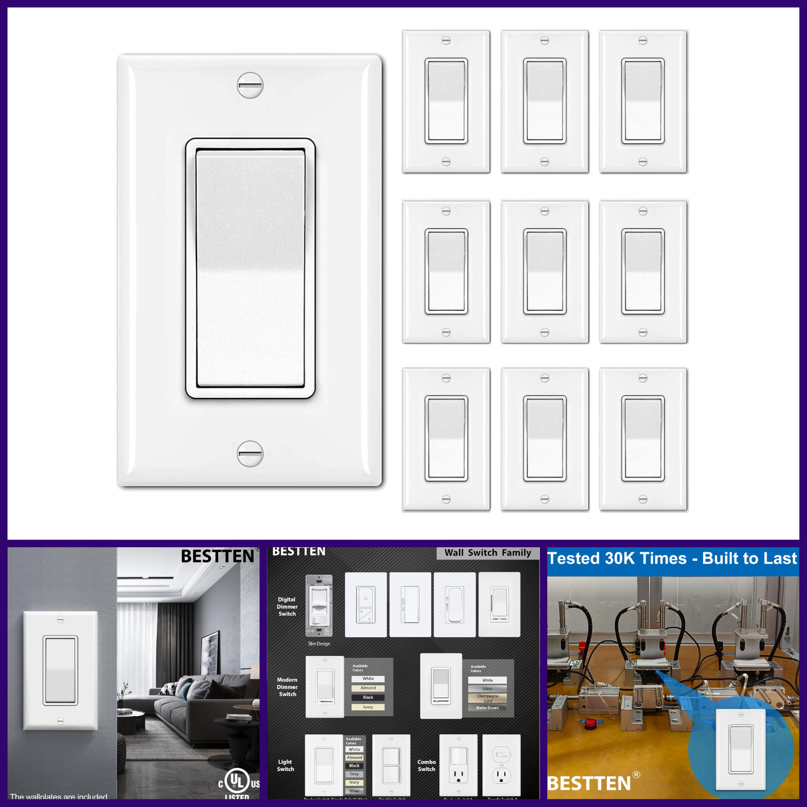 BESTTEN 10 Pack Single Pole Decorator Light Switch w Wallplate 15A Rocker
