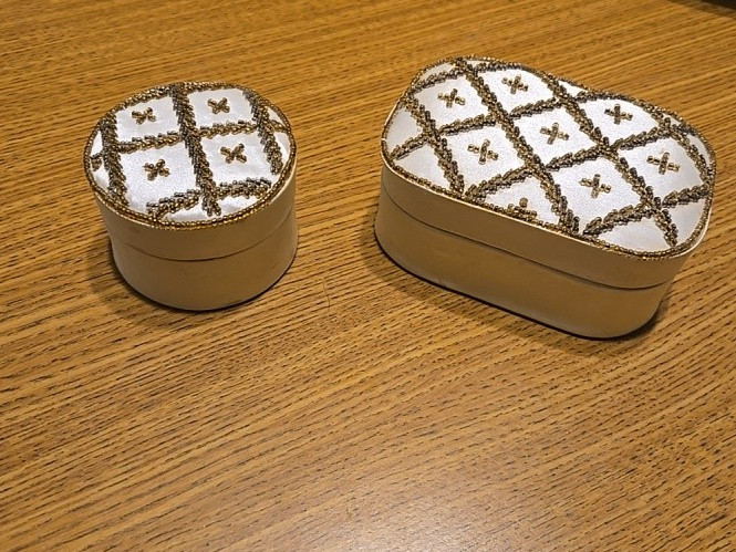 VINTAGE FABRIC TRINKET BOXES CREAM WITH GOLD BEADWORK ROUND AND RECTANGLE SET