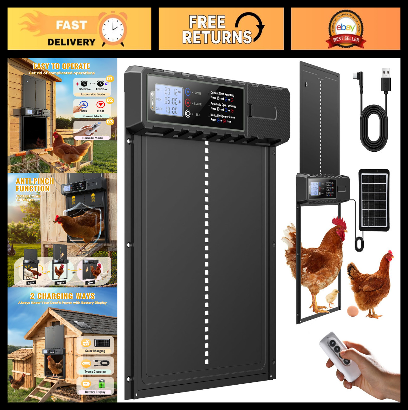 Solar-Powered Automatic Chicken Coop Door - XL 10.8"x14.2", USB-C Charging, 3 Mo