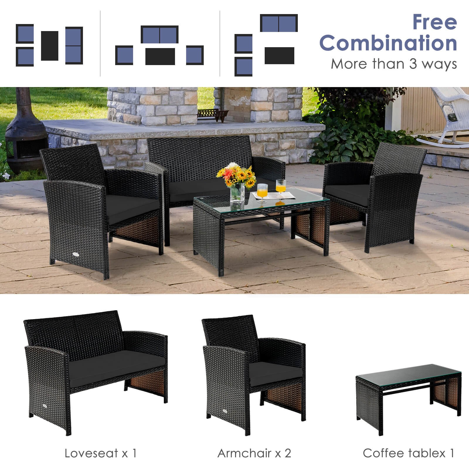 8PCS Patio Rattan Furniture Set Cushioned Chair Sofa Table Turquoise