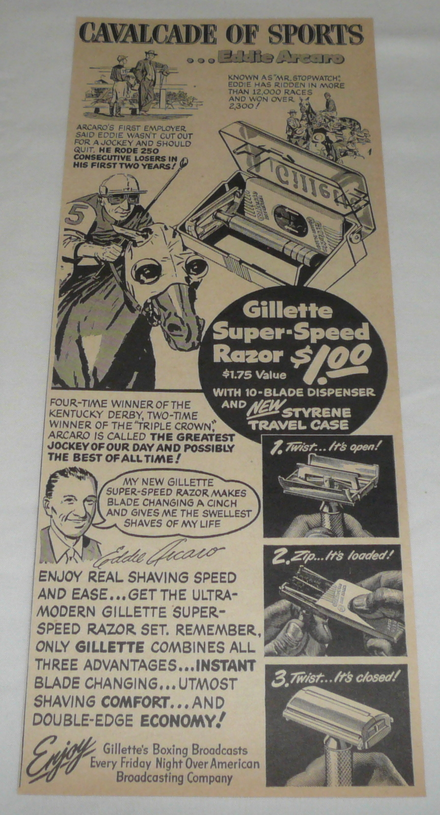 1949 Gillette Cavalcade Of Sports cartoon ad ~ horse jockey EDDIE ARCARO
