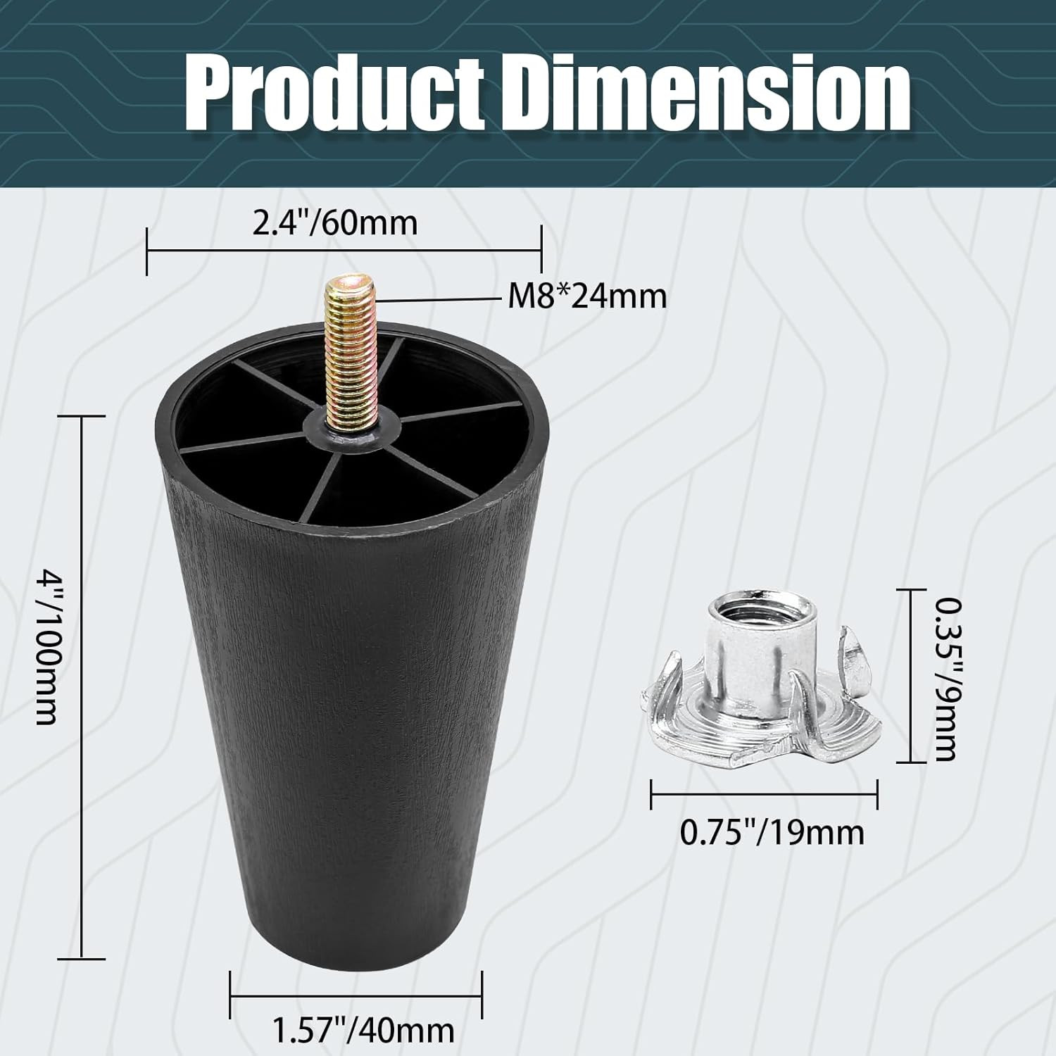4 Pc 4" Furniture Legs M8 Threaded Tapered Black Sofa Cabinet Replacement