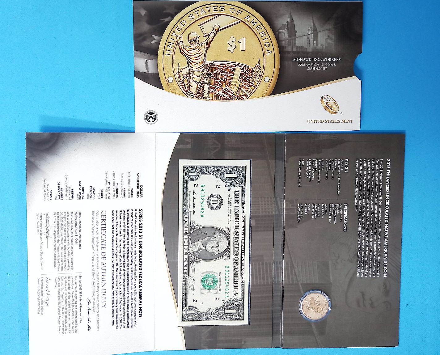 2015 United States Mint Mohawk Ironworkers $1 Coin and Currency Set