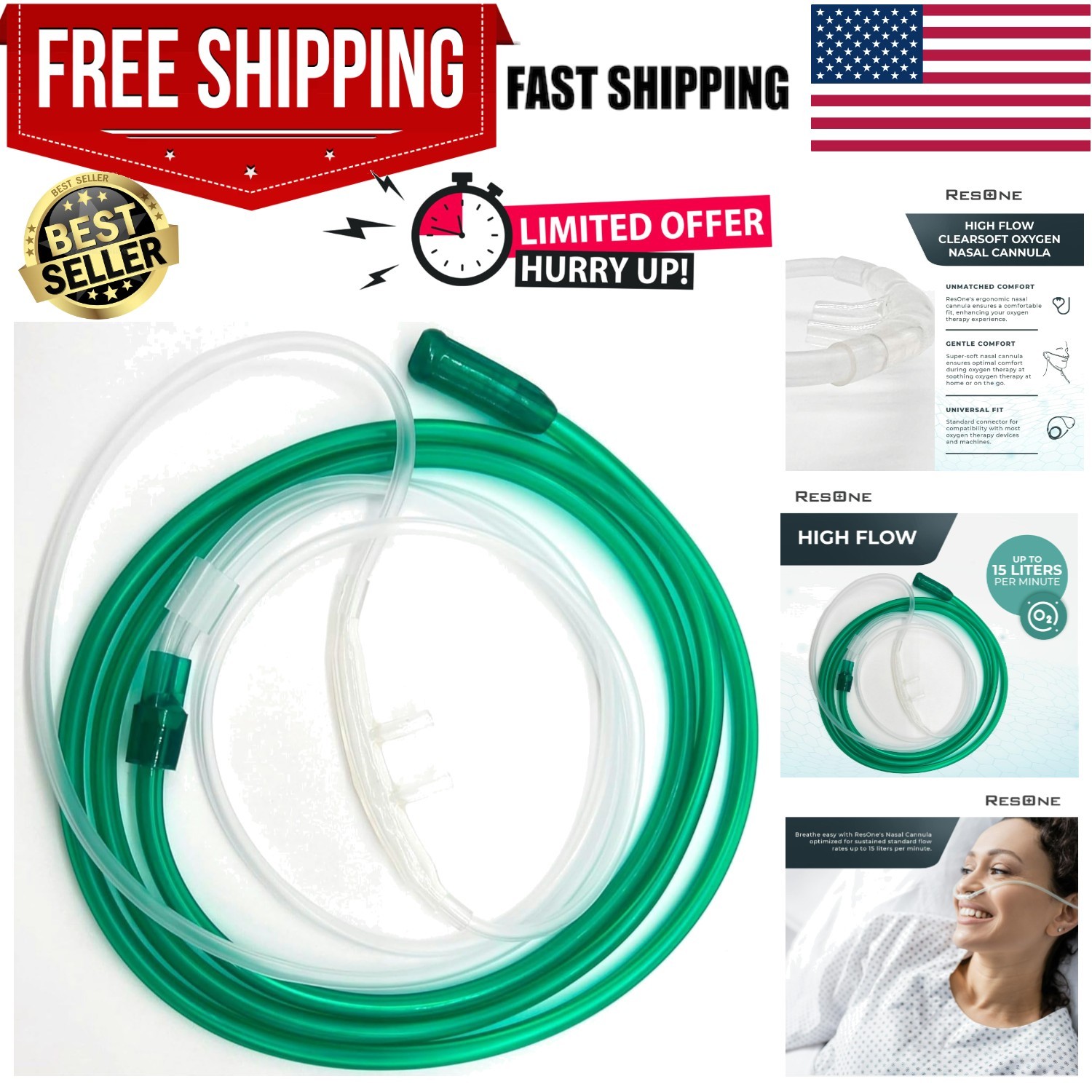 25Ft High Flow Soft Adult Oxygen Nasal Cannula 5-Pack - Curved Prongs, Crush-...