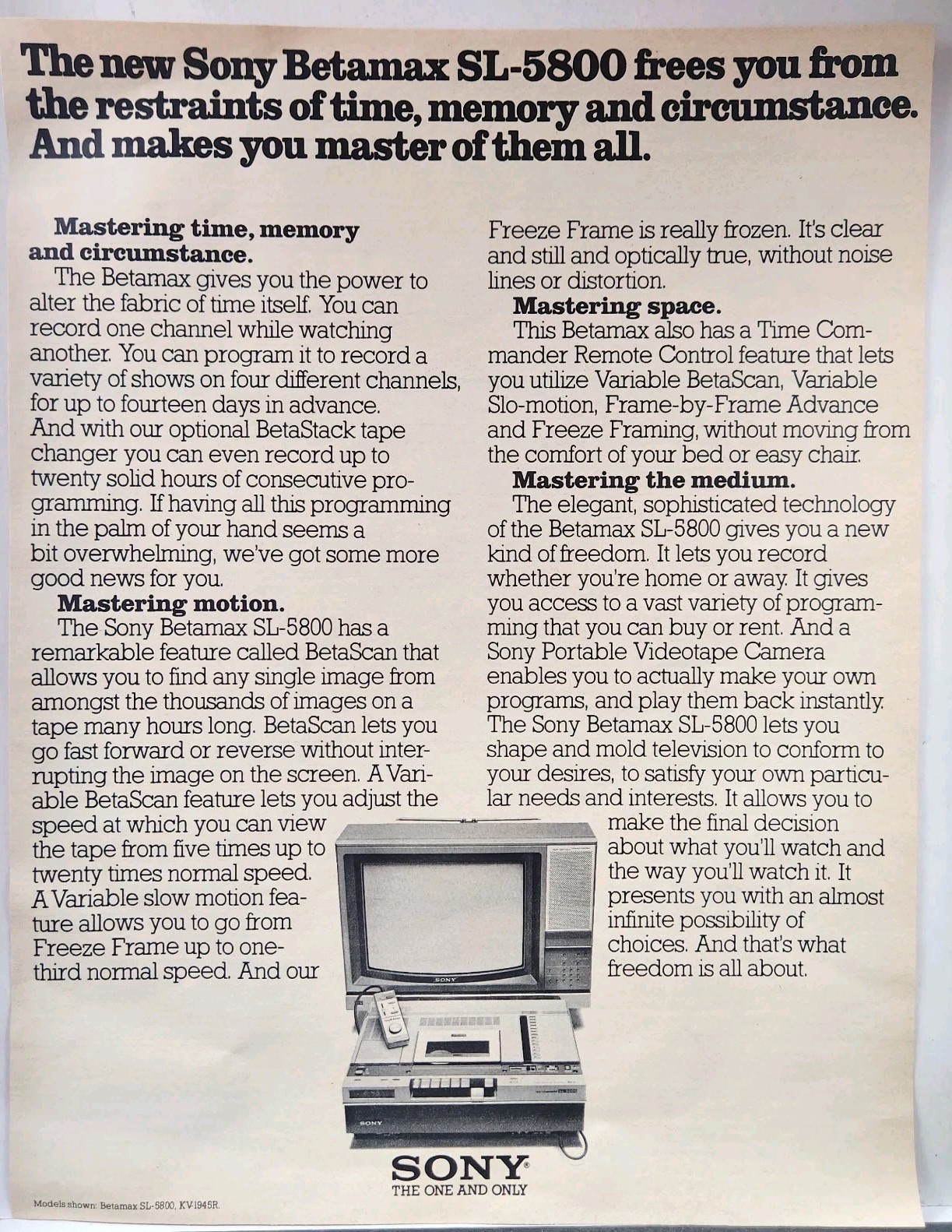 1981 Sony Betamax SL-5800 Recorder Original Print Ad Retro 80s