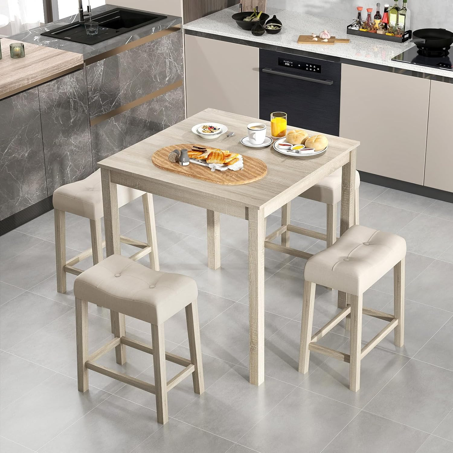 5-Piece Space-Saving Bar Table Set with Padded Stools for Small Spaces