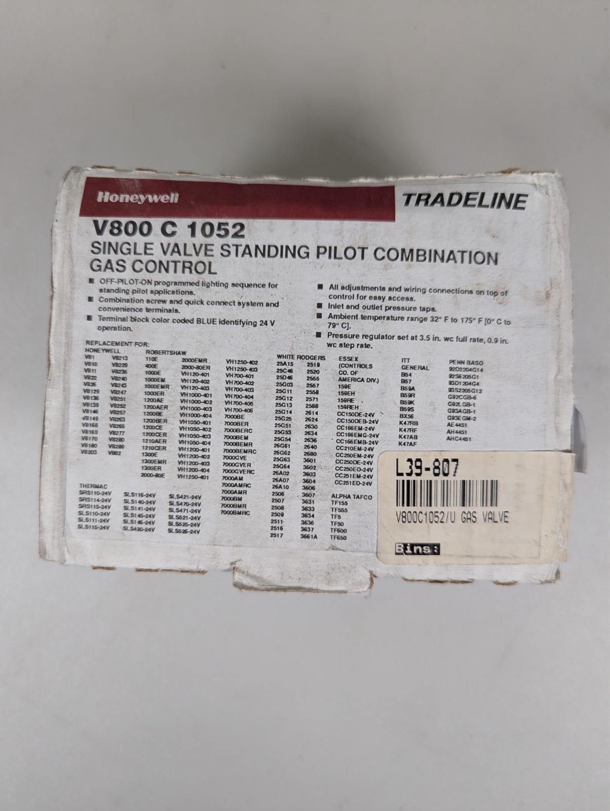 Honeywell V800 C 1052 Single Valve Standing Pilot Combination Gas Control