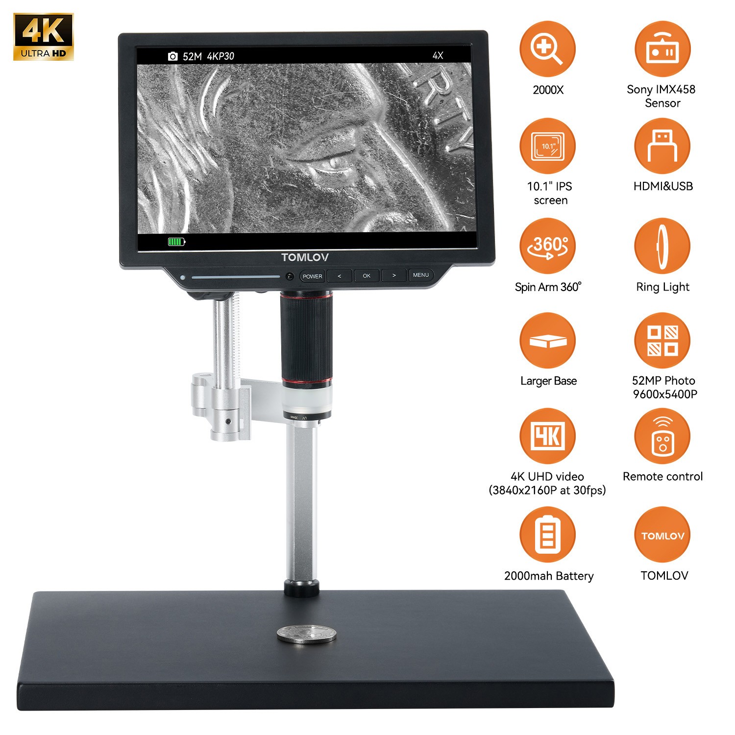 TOMLOV 10" 4K Digital Microscope 2000X USB Magnifier Coin Microscope