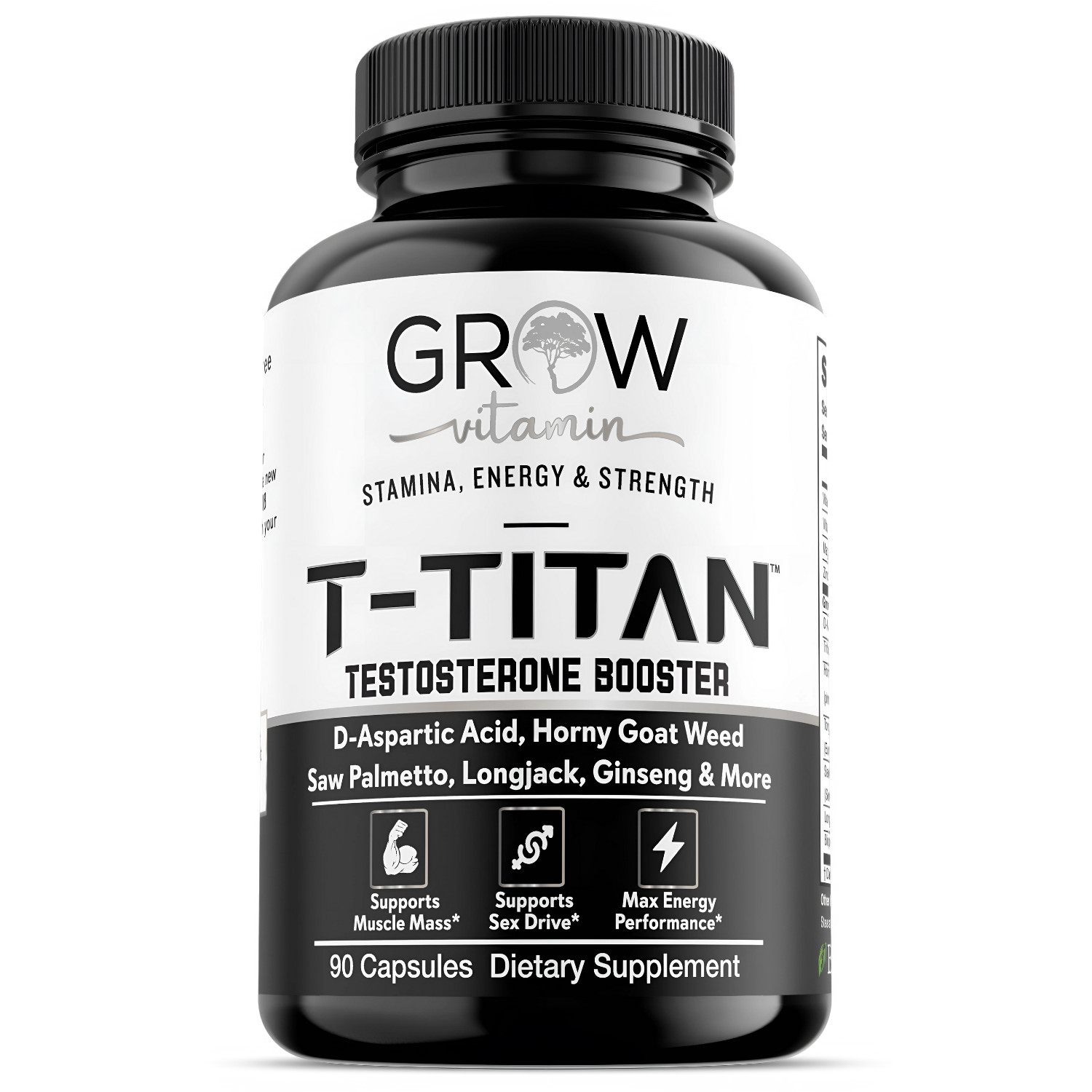 GROW  T-TITAN Testo Booster + - Muscle Growth, Energy, Libido Capsules 90ct
