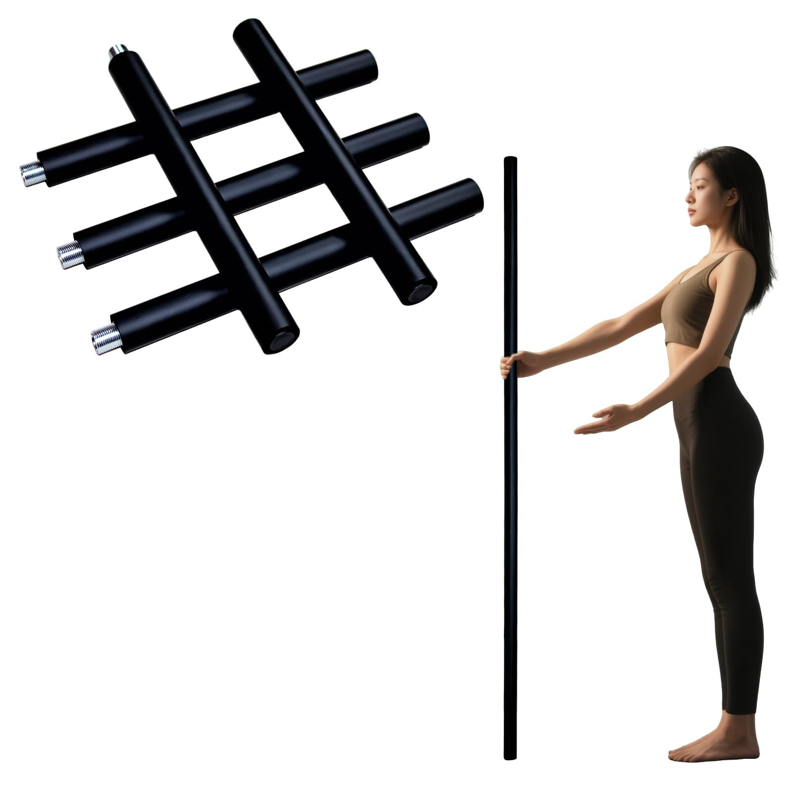 yoga stick is made of sturdy steel that is 5 feet high and an adjustable stre...