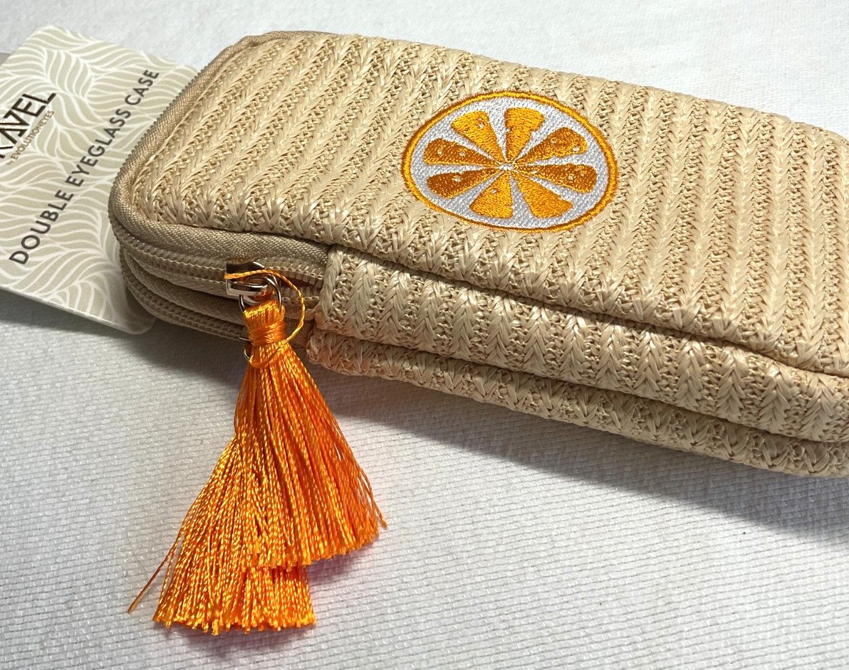 EVOLUTION EYES TRAVEL DOUBLE EYEGLASS CASE ORANGE SLICE 17 x 3 STRAW NWT